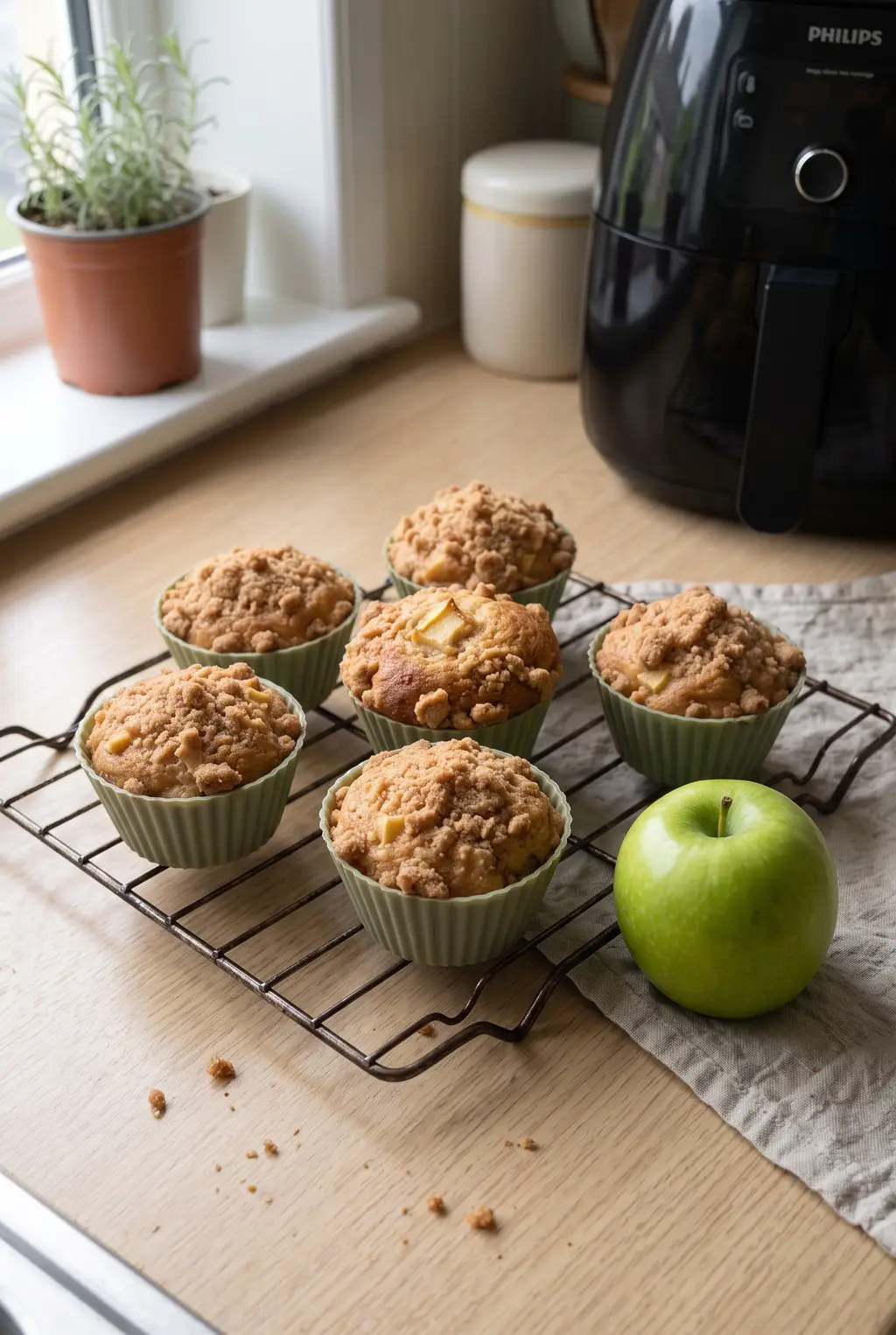 Air fryer apple cinnamon muffins with streusel tops, cooling on a rack