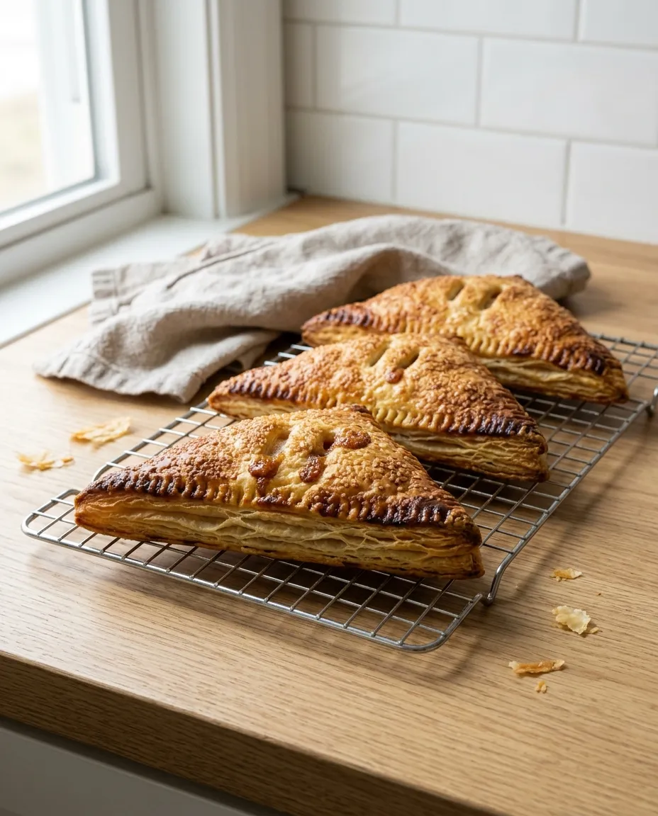 Three finished apple turnovers cooling on a wire rack, layered edges visible along the sides and pastry flakes scattered on the counter