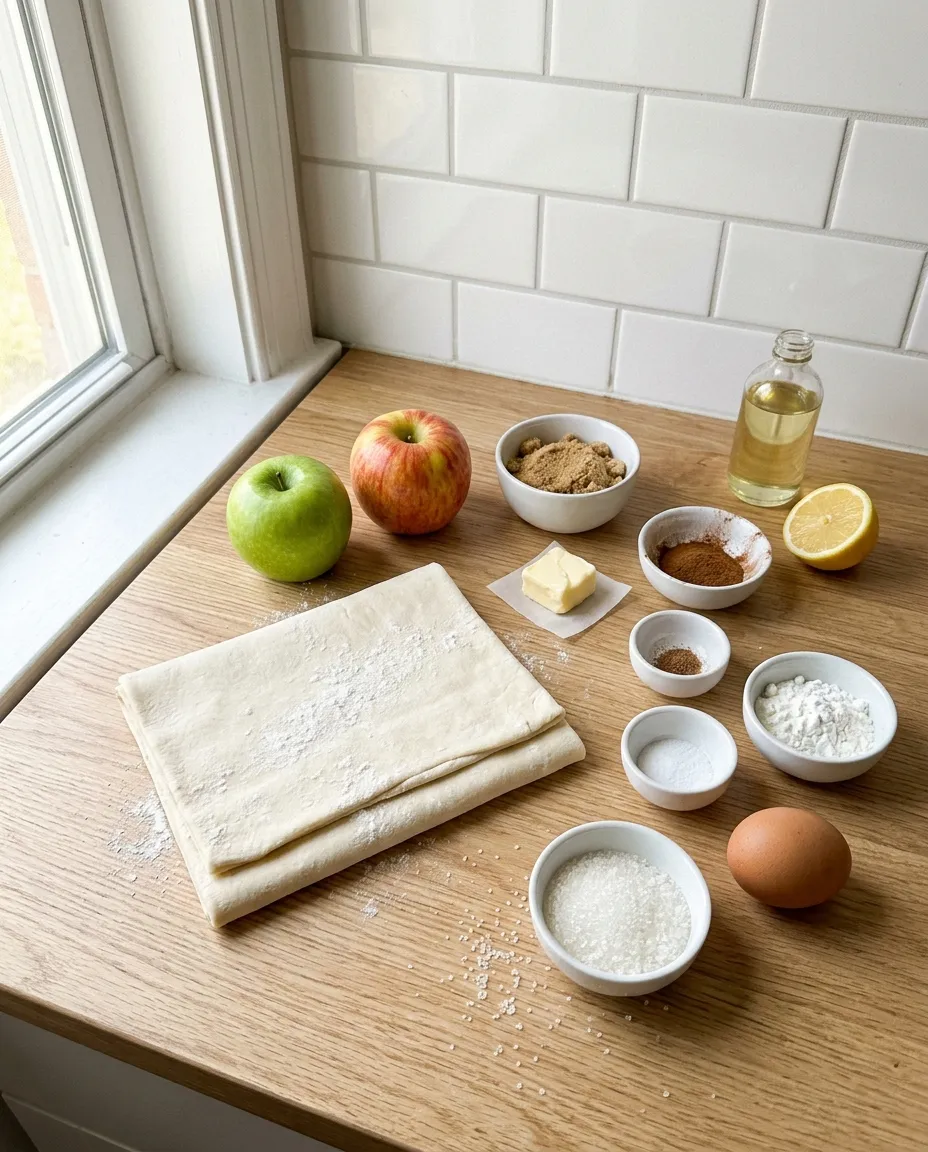 Apple turnover ingredients on a wooden counter: a folded puff pastry sheet, a Granny Smith and a Honeycrisp apple, brown sugar, cinnamon, butter, lemon, cornstarch, an egg and coarse sugar