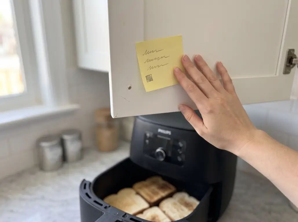 A hand pressing a handwritten sticky note inside a kitchen cabinet door above an air fryer