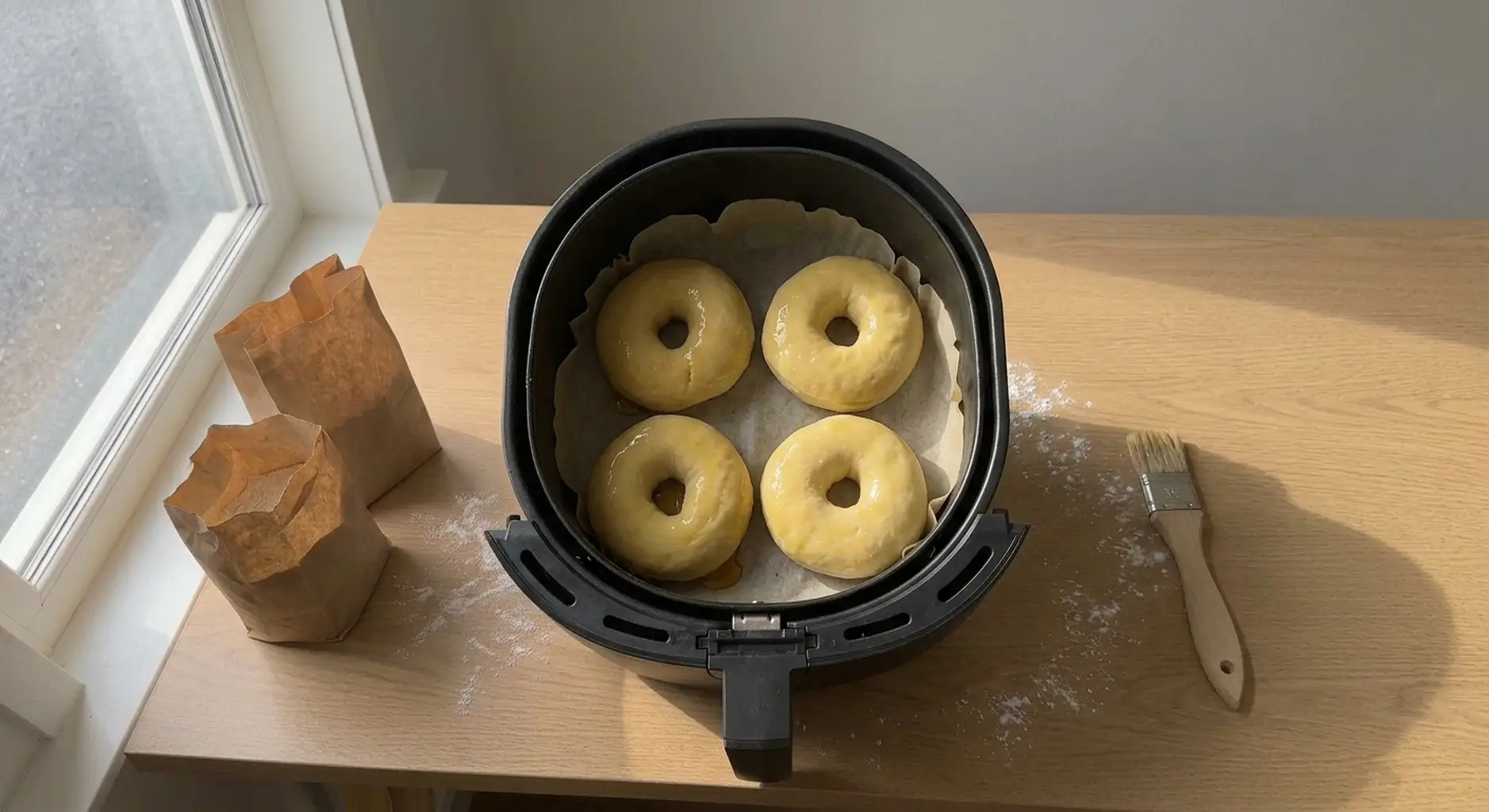 Four glazed bagel rings arranged on parchment inside an air fryer basket before baking