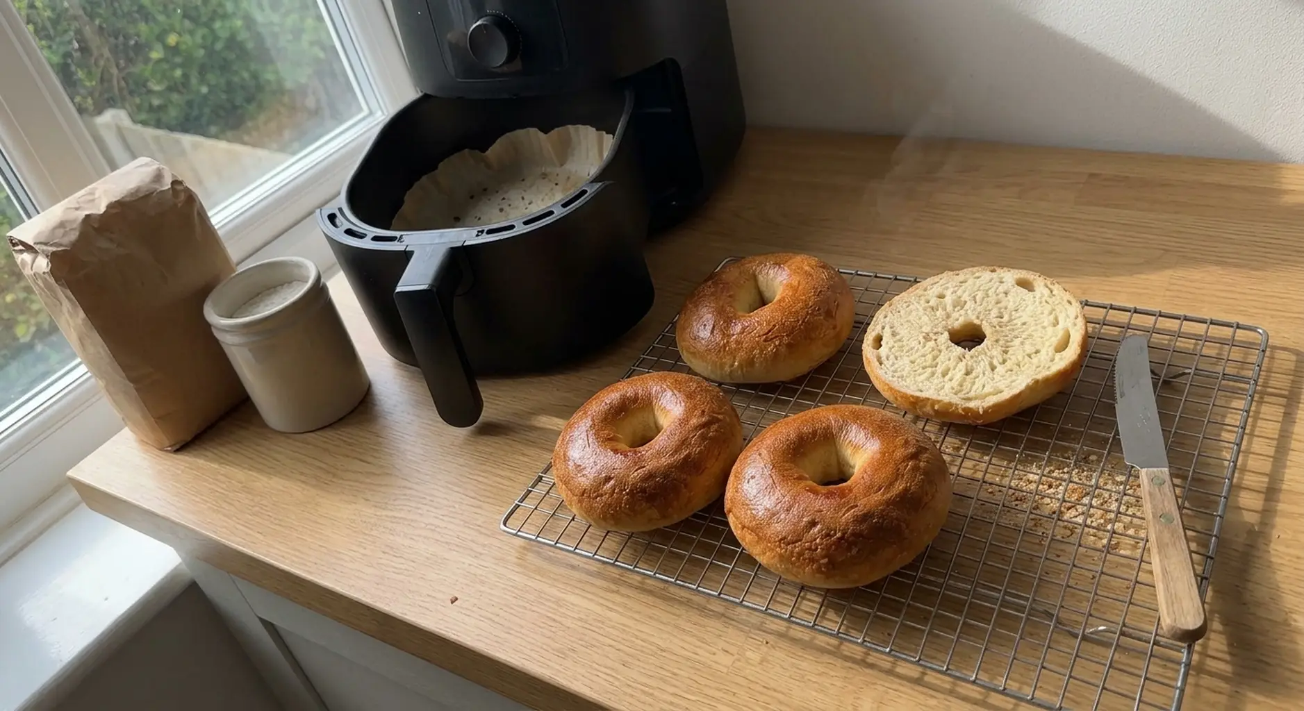 Air fryer bagels cooling on a wire rack with one split open to show the chewy crumb