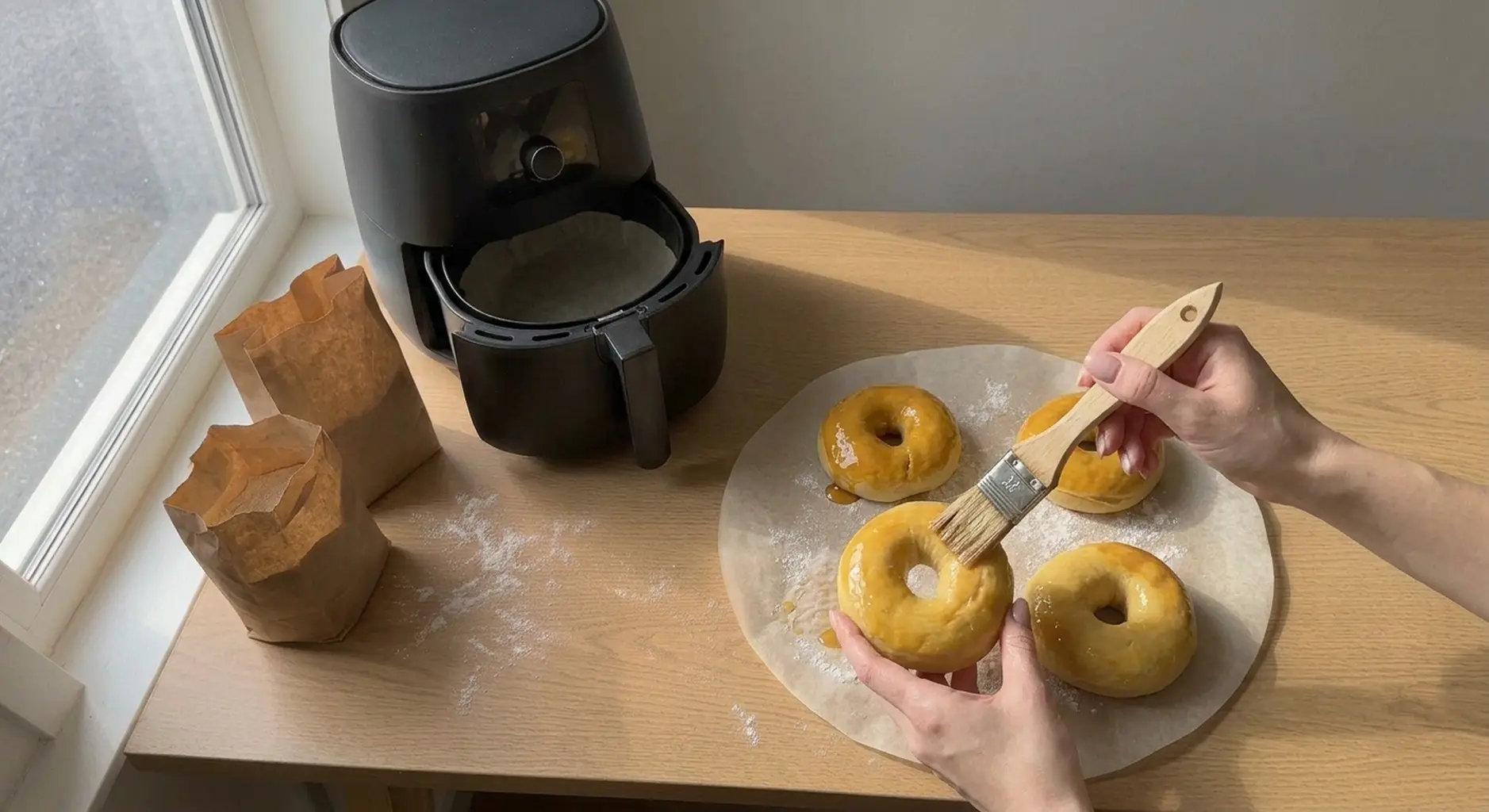 Brushing honey glaze over shaped bagel rings on a parchment round before baking