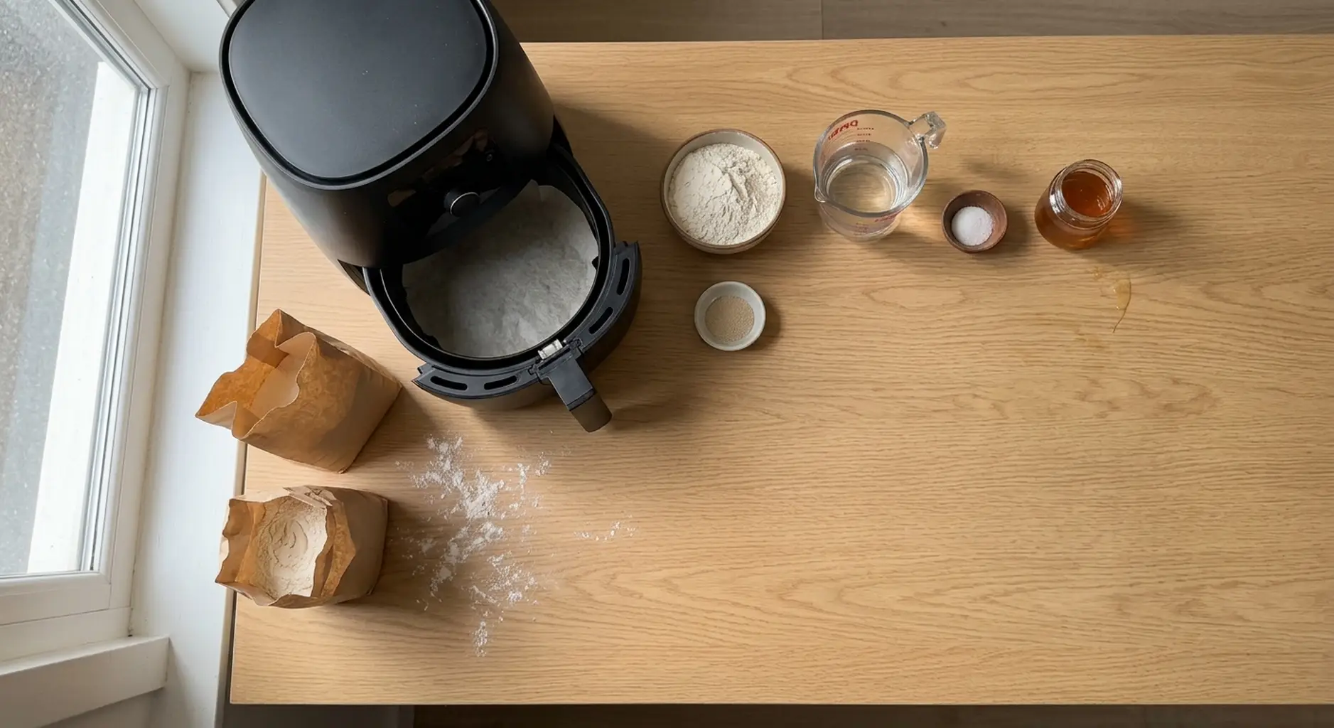 Bread flour, water, yeast, salt and honey measured out on a counter beside an air fryer