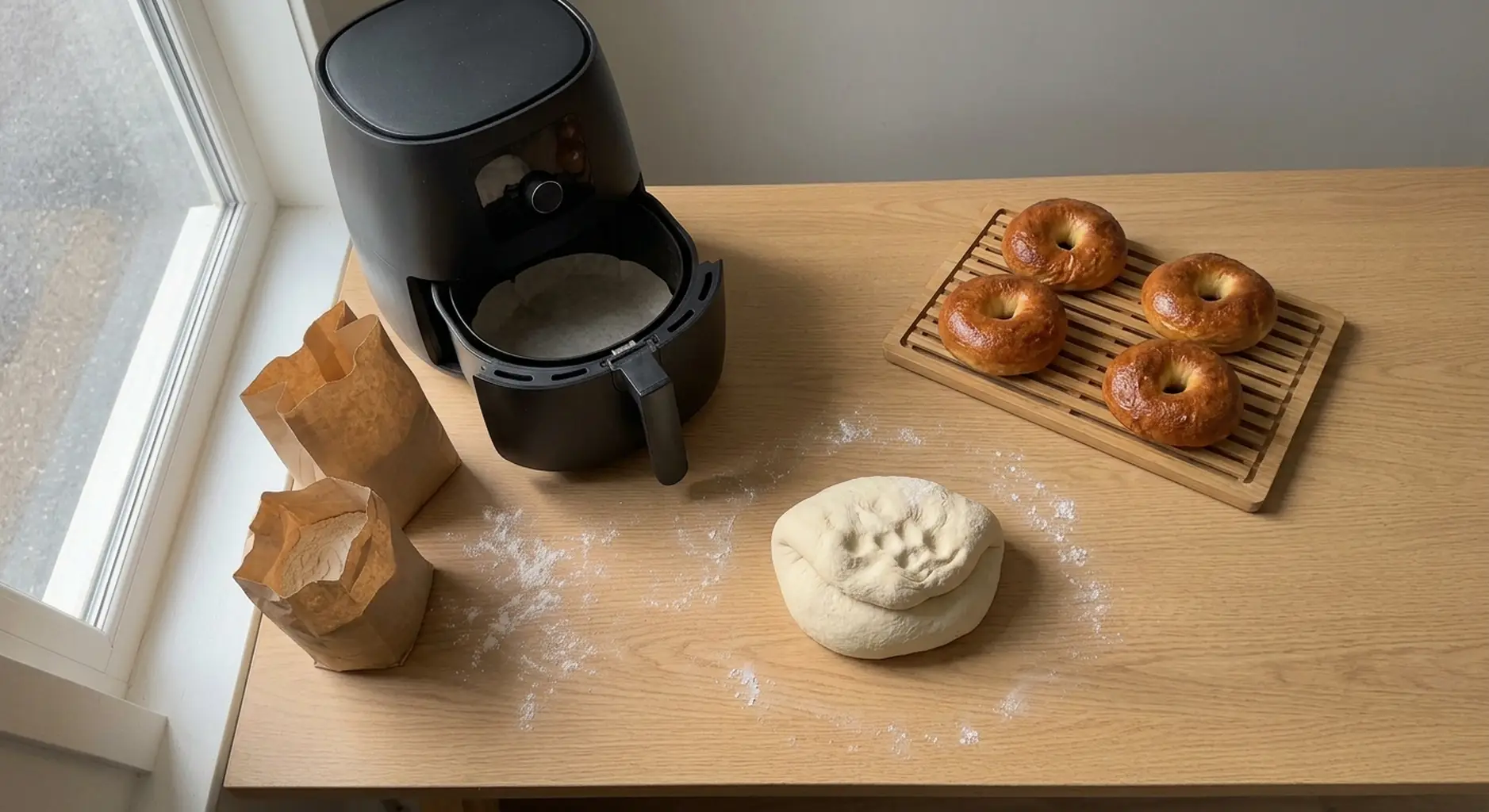 A smooth tight ball of kneaded bagel dough resting on a floured counter