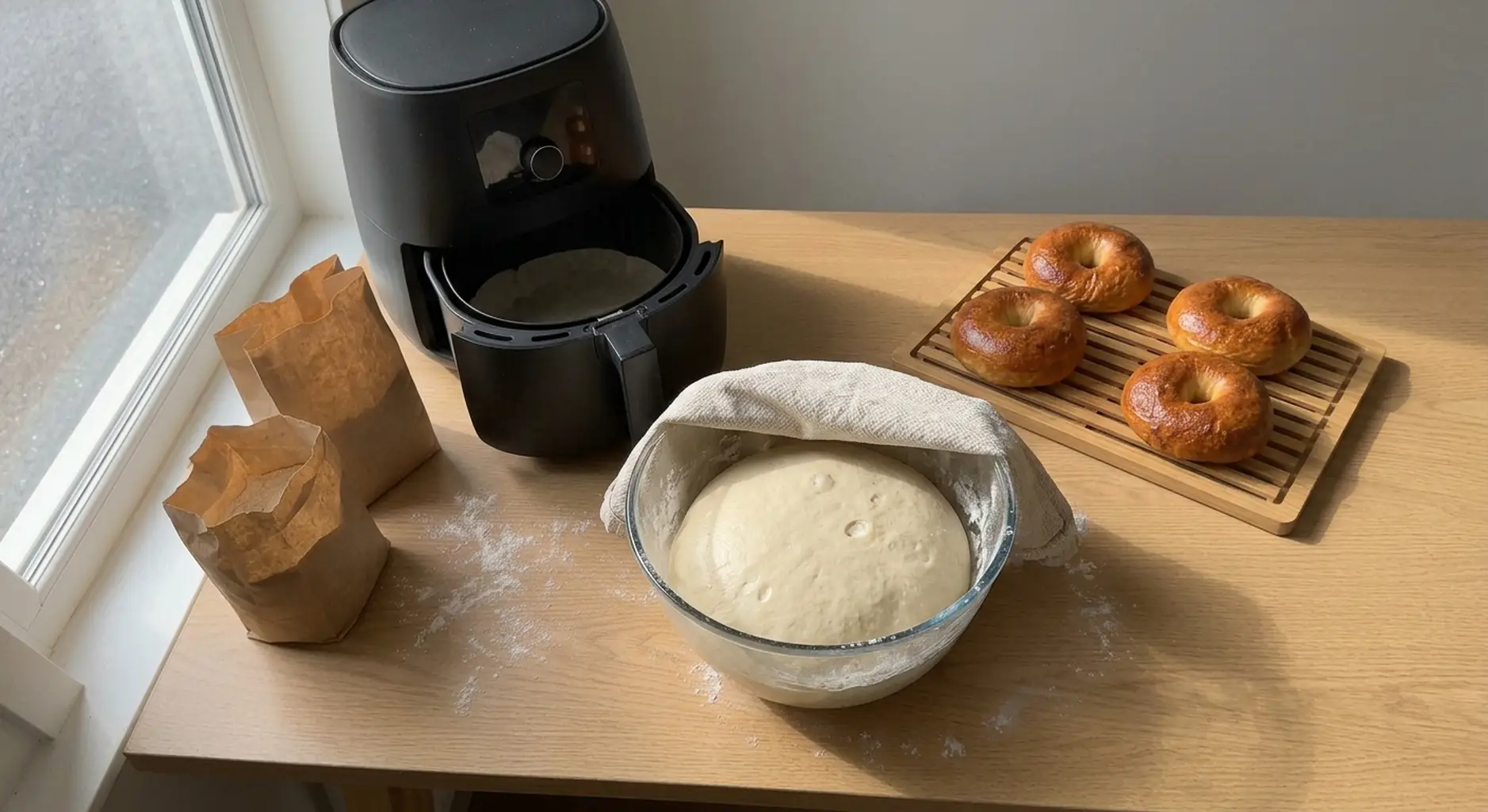 Bagel dough risen and domed in a glass bowl ready to divide