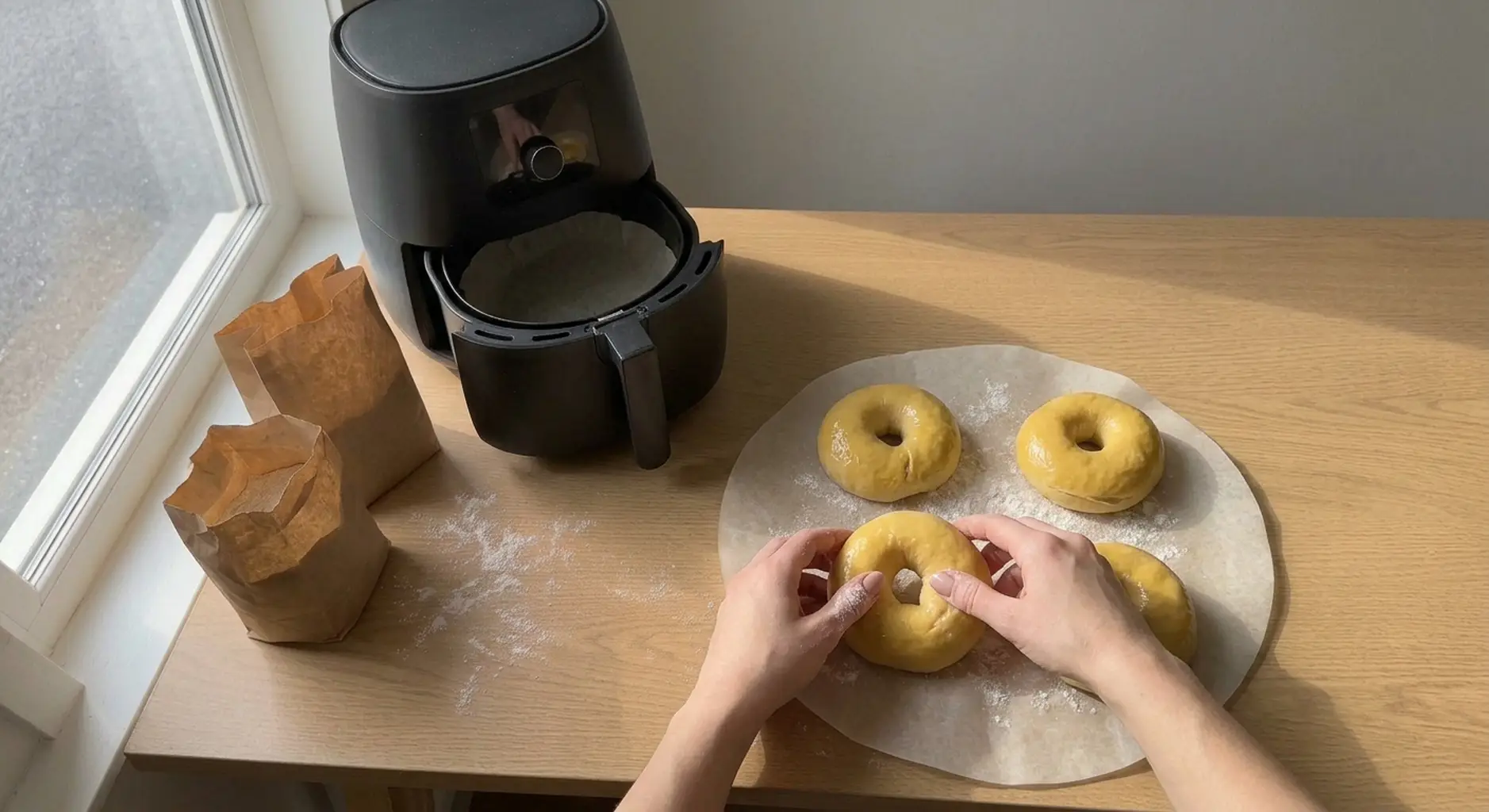 Hands stretching the holes in four shaped bagel rings on a parchment round