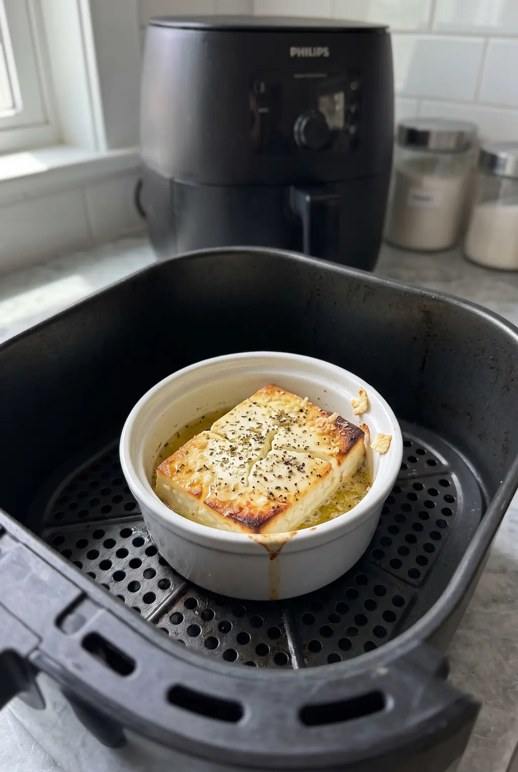 A block of feta baked golden and bubbling in olive oil and pepper in a white ramekin inside a Philips air fryer basket