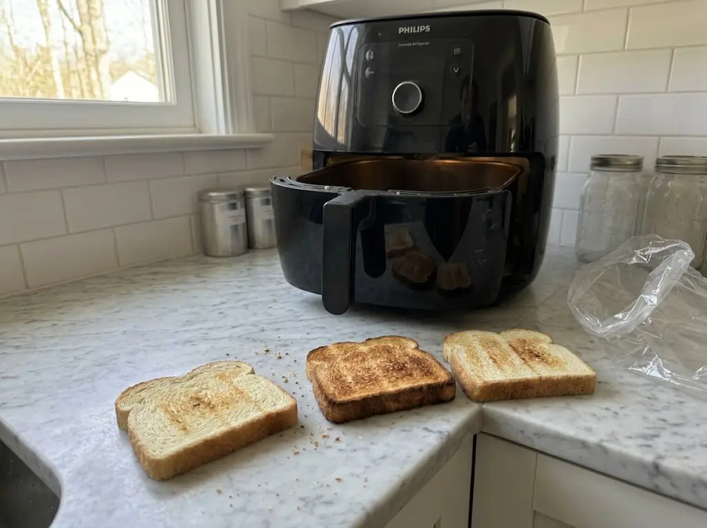An air fryer with its drawer out beside three slices of toast in different shades on a marble counter
