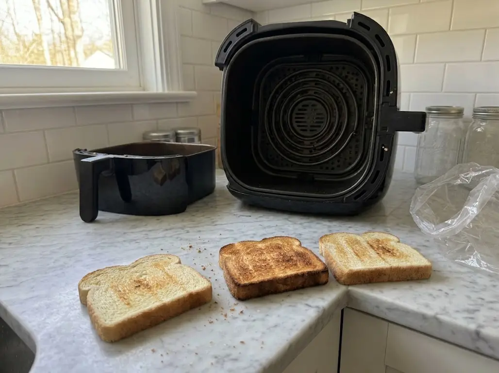 Three slices of toast in different shades lined up on a counter beside an empty air fryer basket