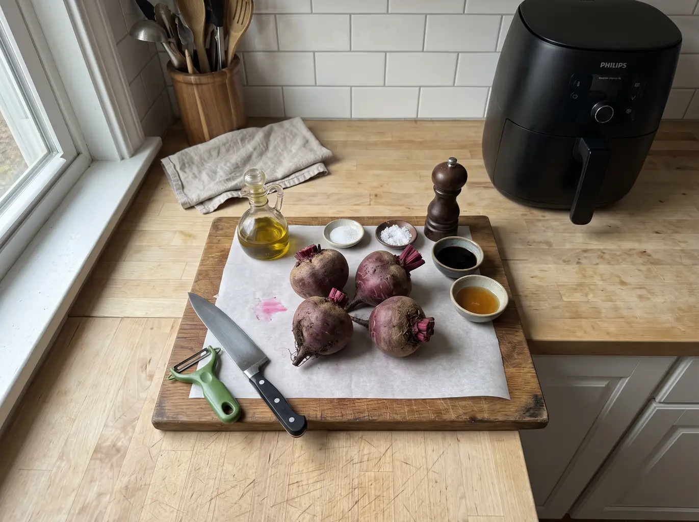 Fresh beets, oil and salt laid out for air frying