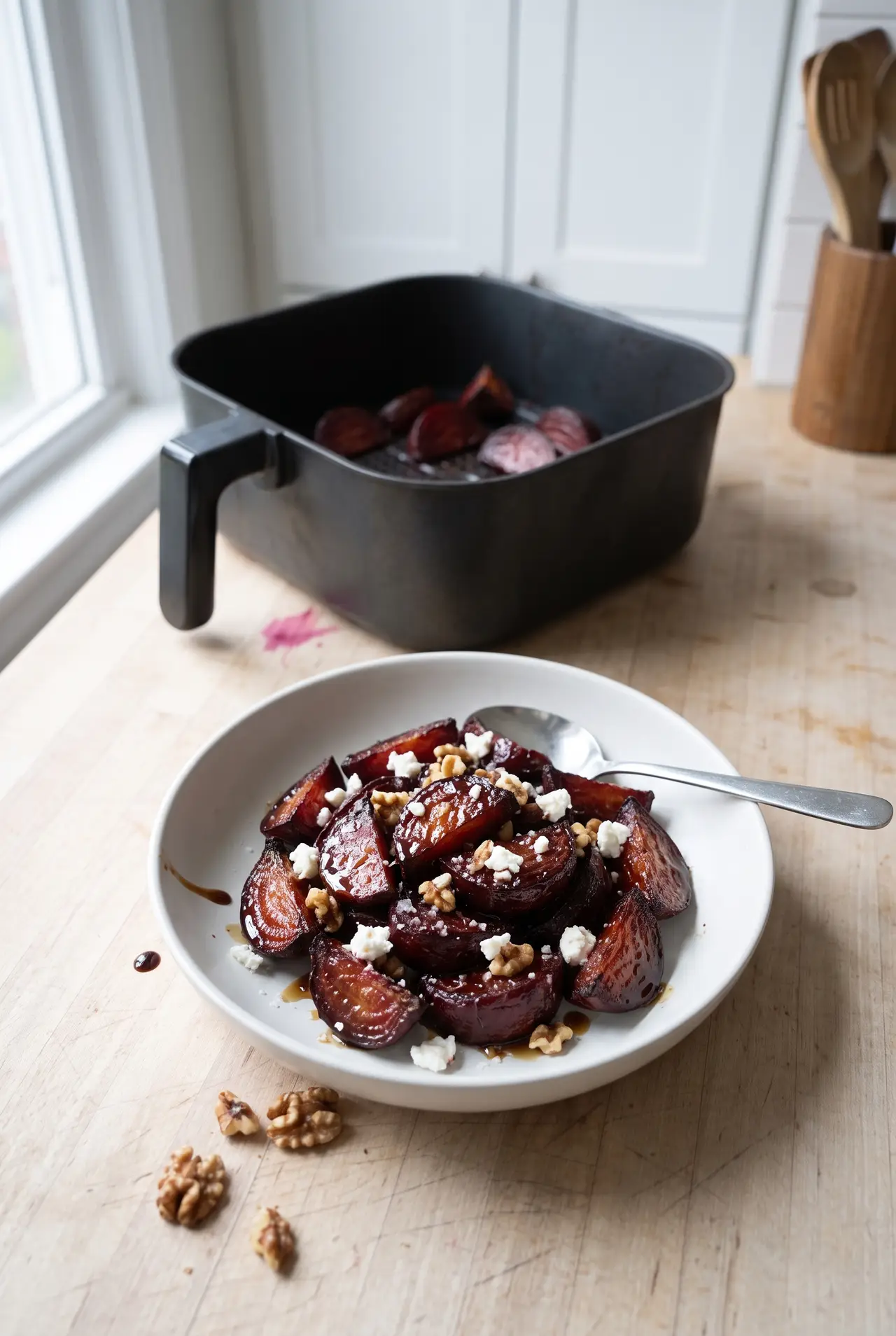 Air fryer beets served over greens with goat cheese and walnuts