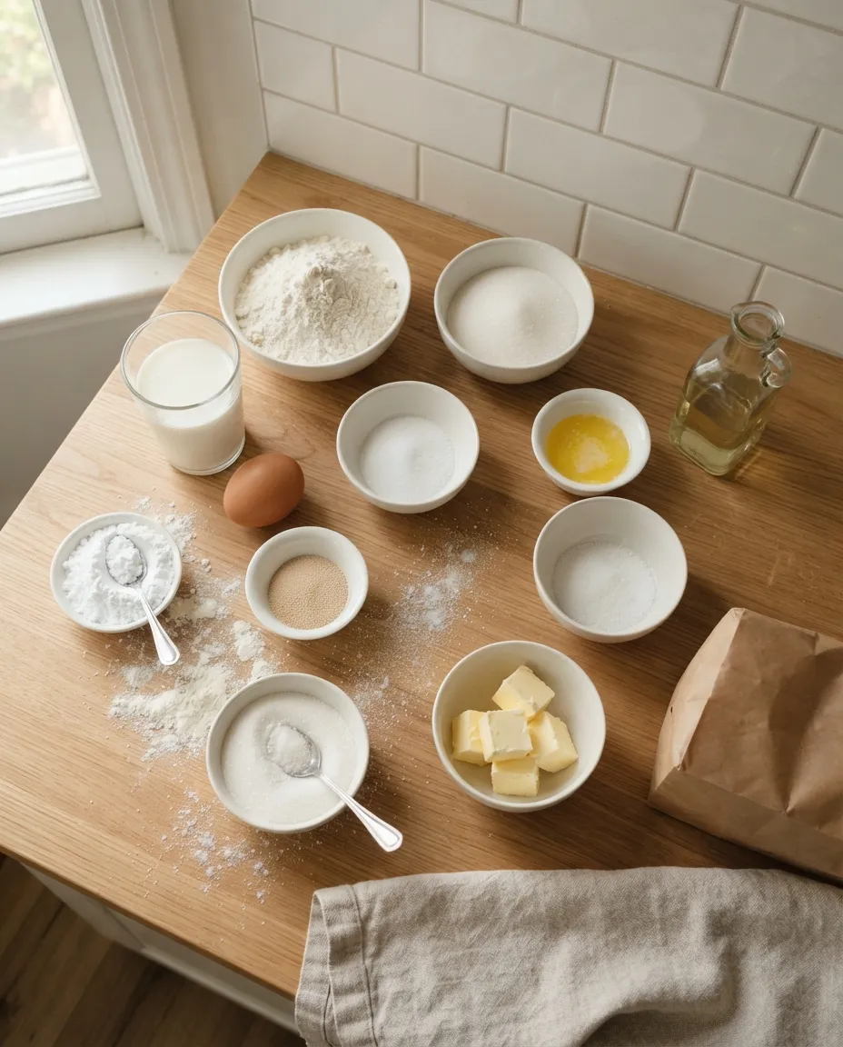 Beignet ingredients laid out on a wooden counter: flour, sugar, milk, an egg, yeast, softened and melted butter, oil, powdered sugar and a paper bag