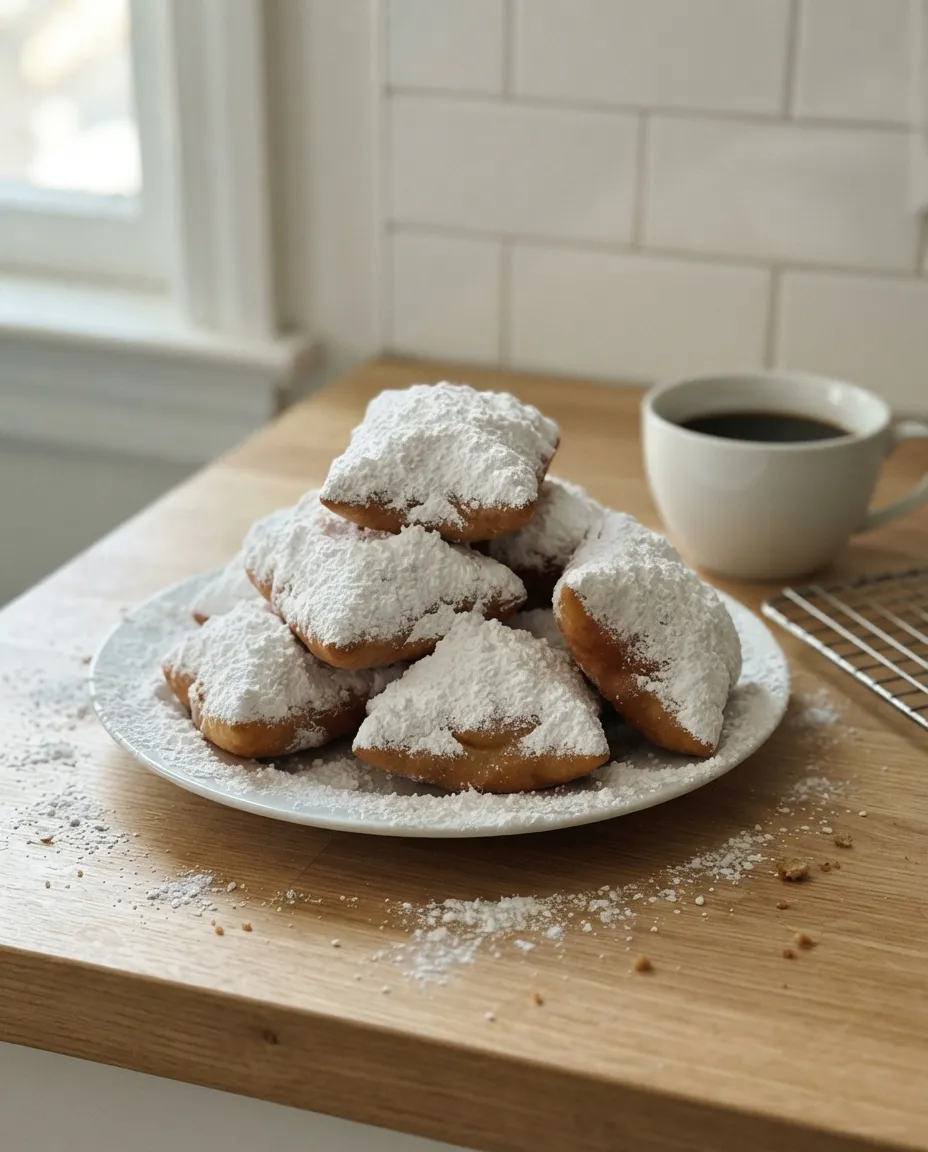 A plate of air fryer beignets buried in powdered sugar beside a cup of black coffee