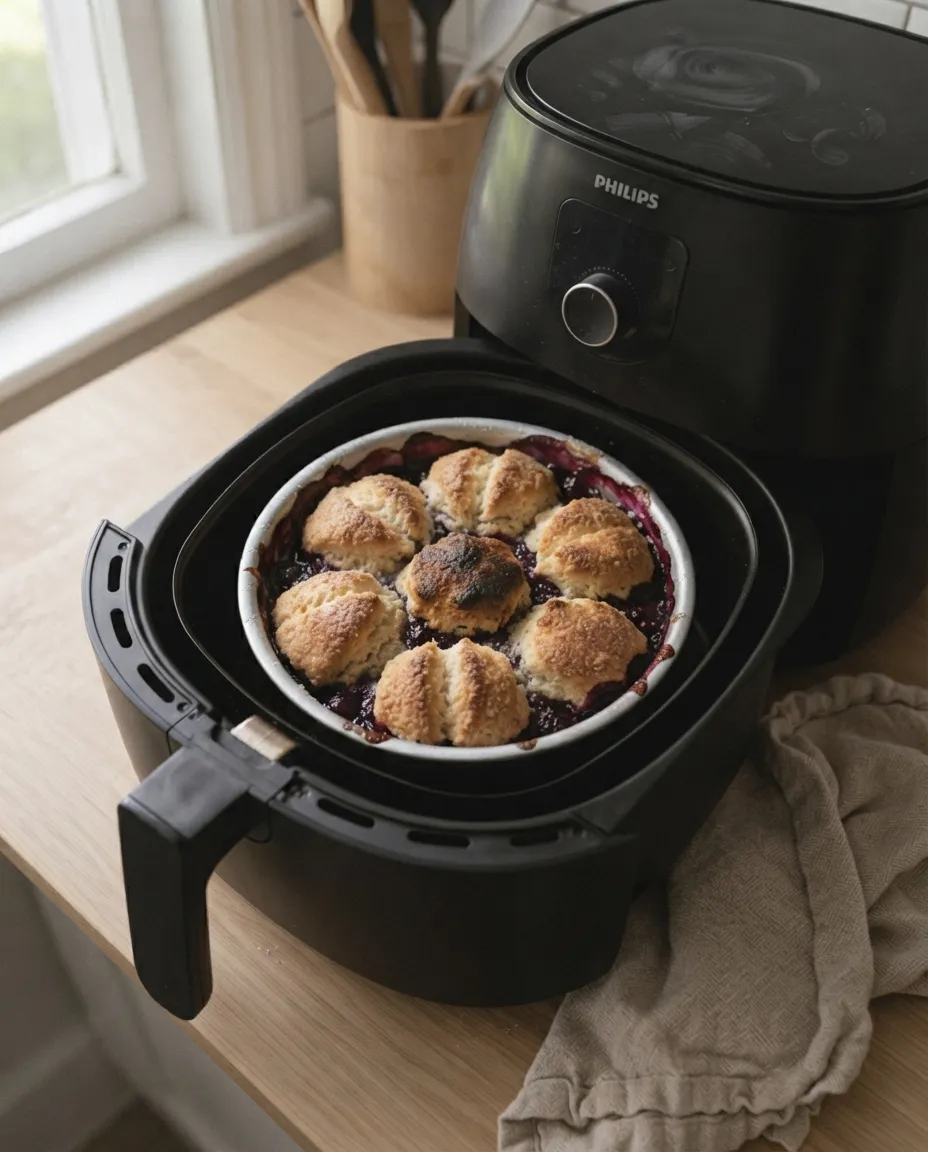 Golden biscuits over thick bubbling berry filling in a pan in an air fryer basket, the center biscuit darker than the rest