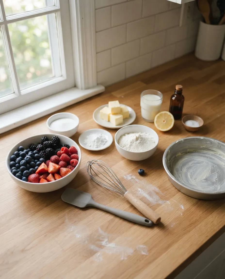 Berry cobbler ingredients on a wooden counter: a bowl of mixed berries, cubed butter, flour, sugar, cornstarch, buttermilk, lemon, vanilla and a buttered round pan