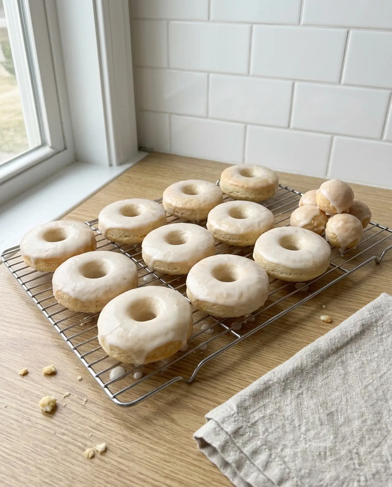 Eight glazed air fryer biscuit donuts and eight glazed donut holes cooling on a wire rack