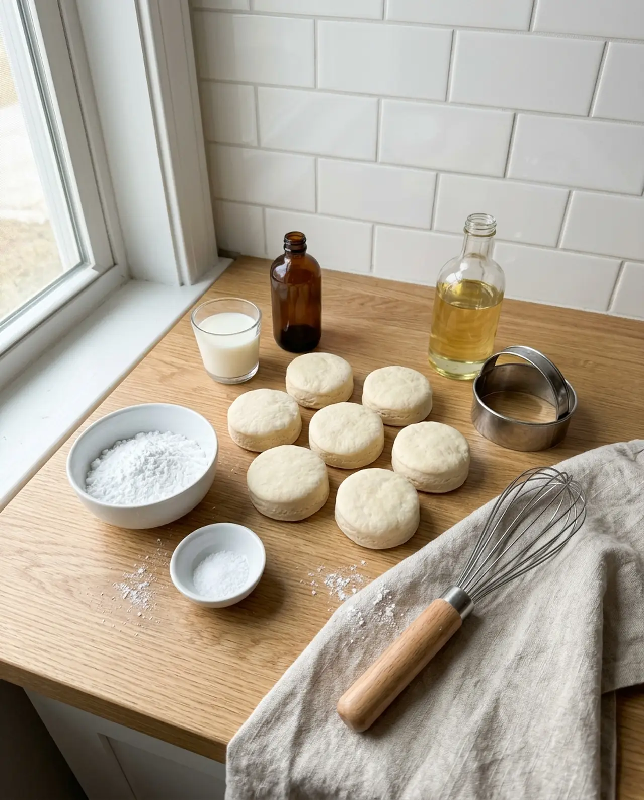 Ingredients for air fryer biscuit donuts: a can of homestyle biscuits, powdered sugar, milk, vanilla, salt, oil and a round cutter