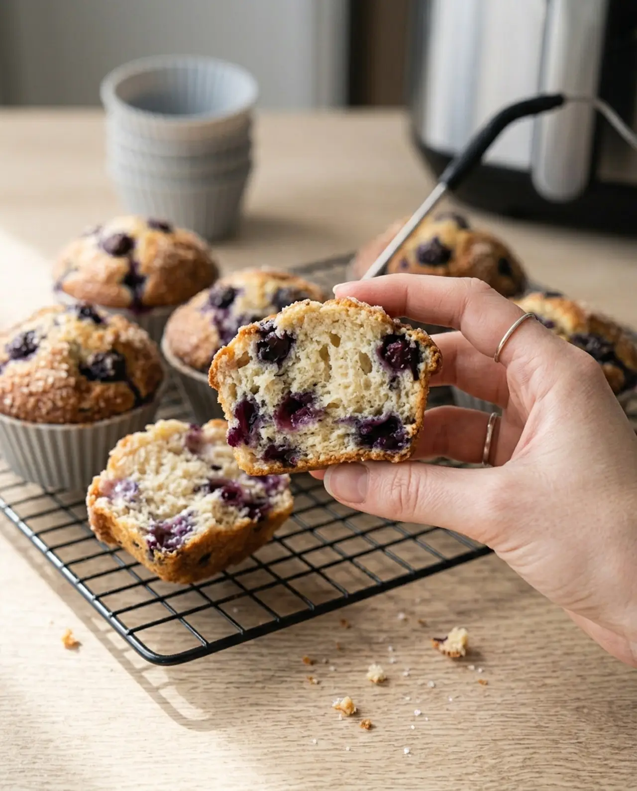 A hand holding half an air fryer blueberry muffin showing a tender crumb studded with whole berries, with more domed muffins cooling on a rack behind