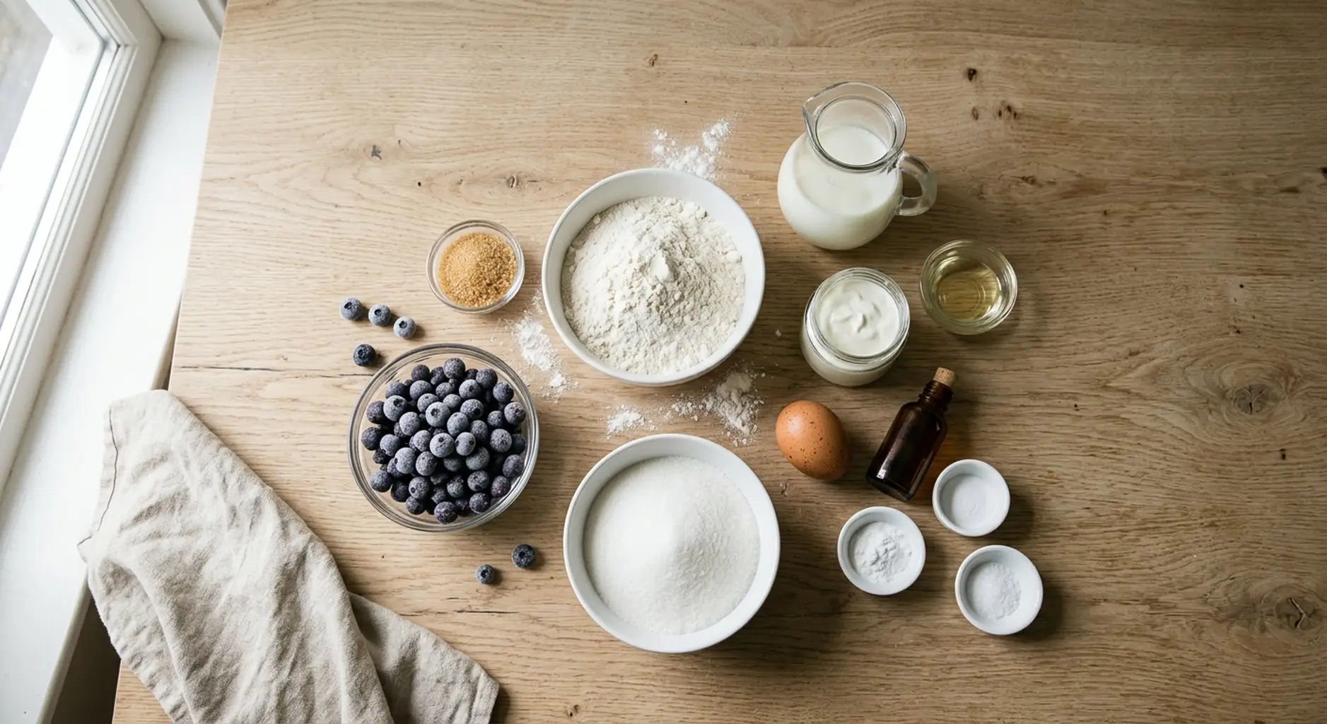 Overhead view of blueberry muffin ingredients on a wooden counter: flour, sugar, frozen blueberries, sour cream, milk, oil, an egg, vanilla and small bowls of leavening