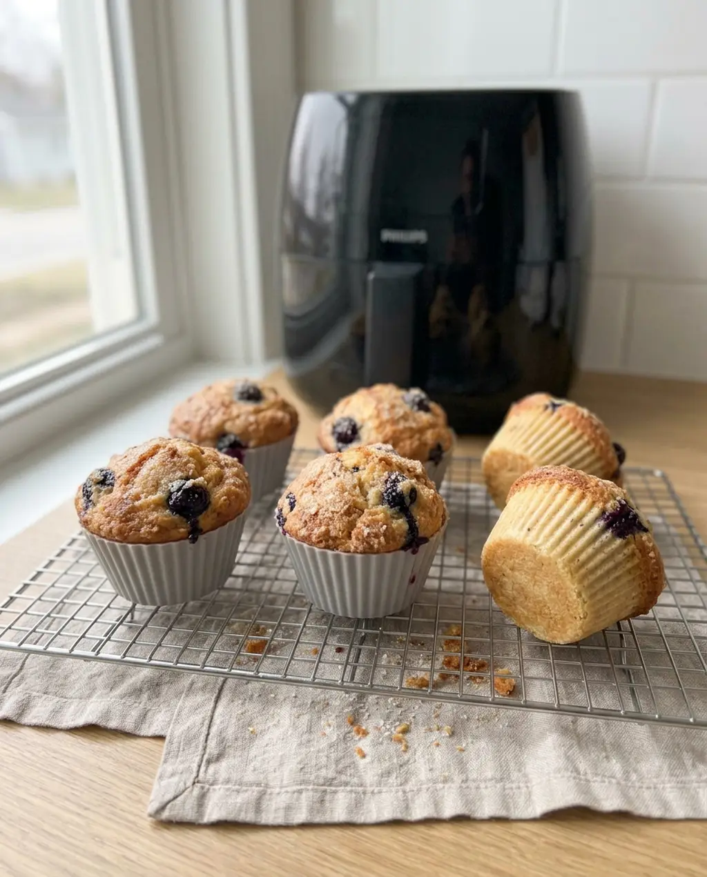Blueberry muffins made from a boxed mix cooling on a wire rack in front of a Philips air fryer, some still in silicone cups and two turned out