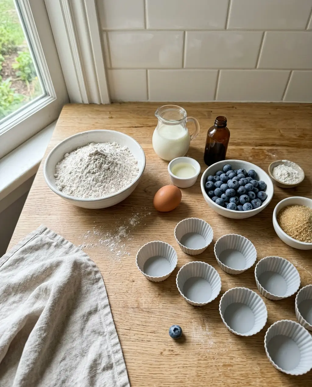 Boxed muffin mix ingredients on a wooden counter: the dry mix in a bowl, an egg, milk, oil, vanilla, fresh blueberries, coarse sugar and a row of silicone baking cups
