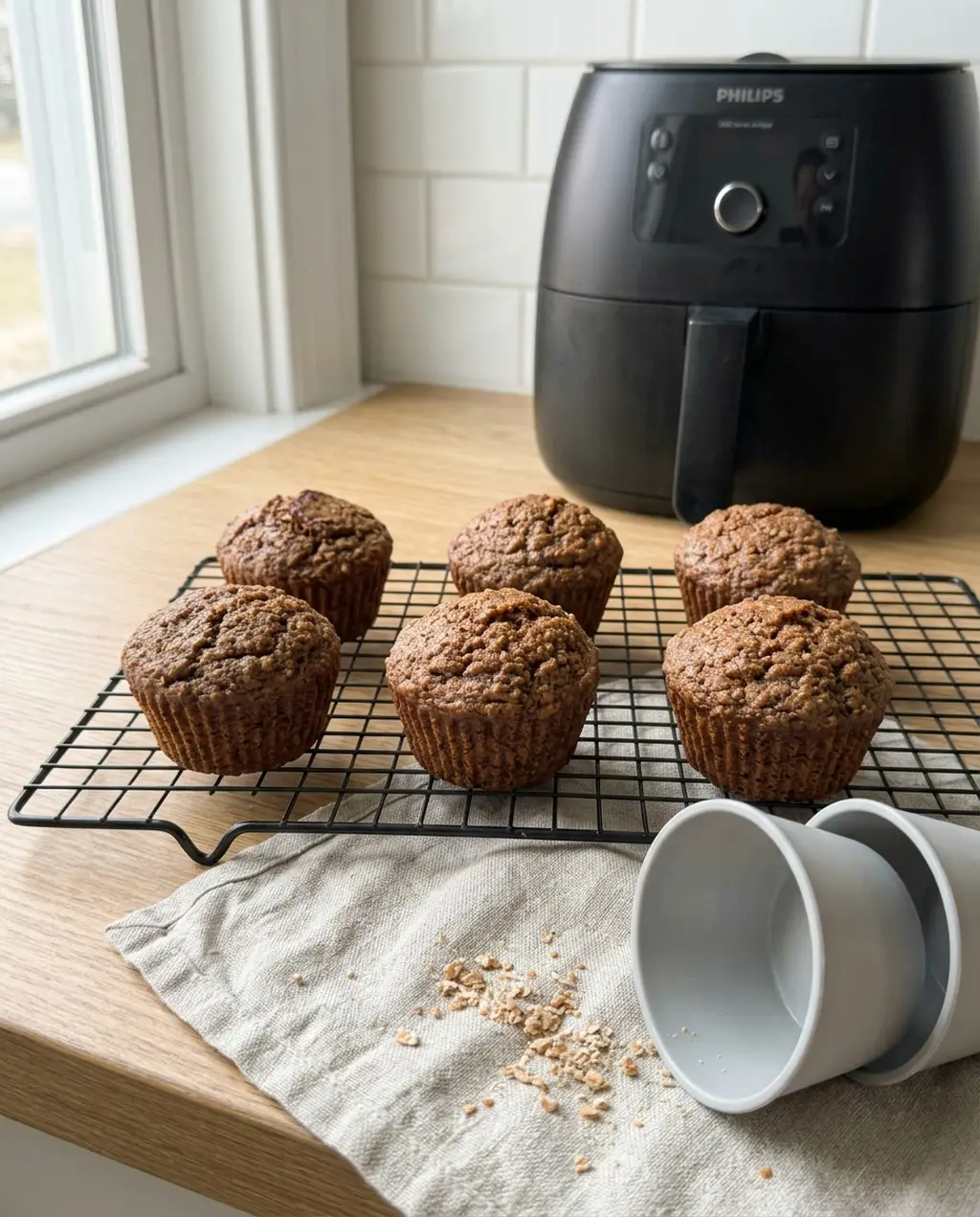 Six dark, domed air fryer bran muffins cooling on a wire rack beside a Philips air fryer, with two empty silicone baking cups tipped on a linen towel