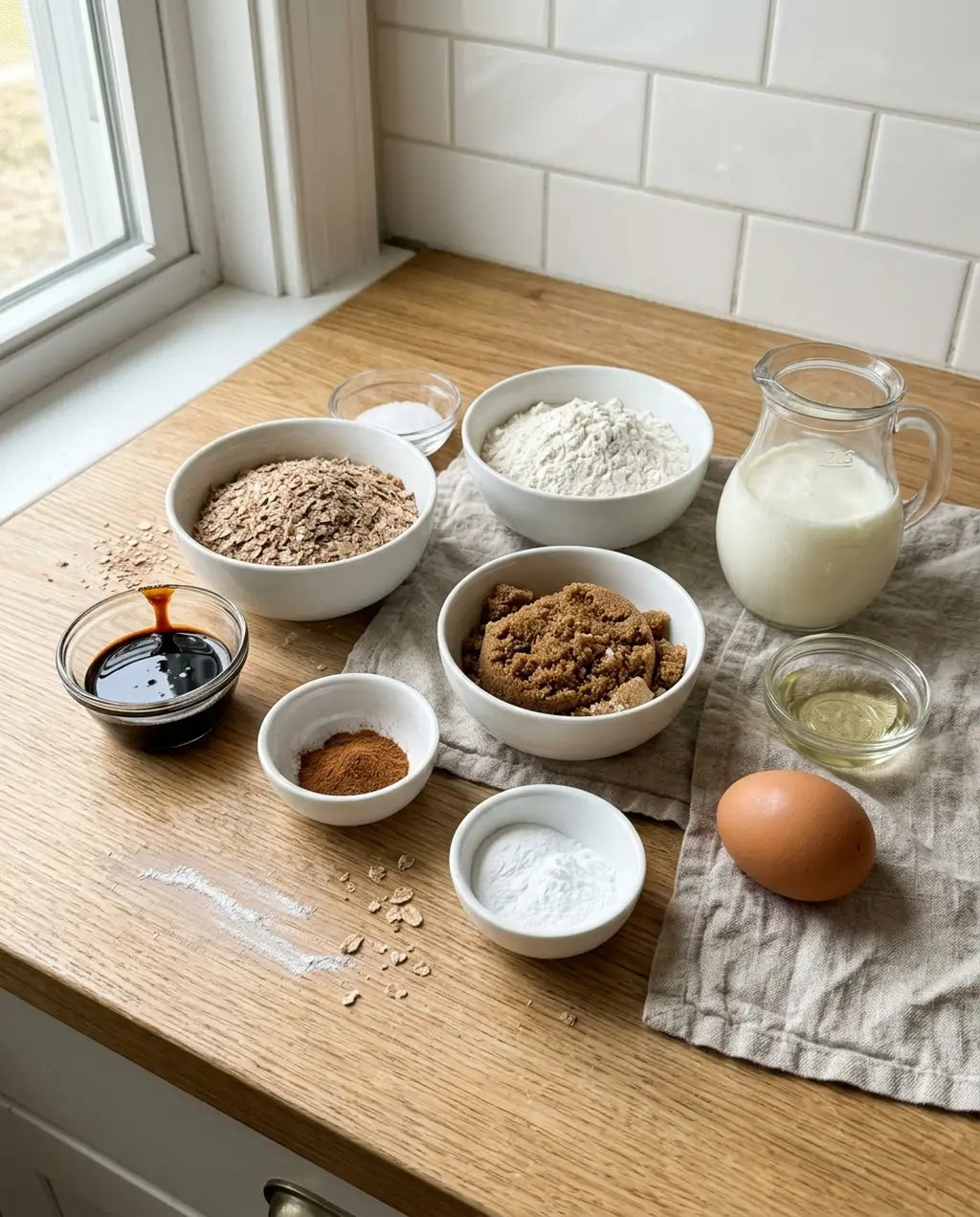 Bran muffin ingredients on a wooden counter: loose wheat bran, flour, brown sugar, a jug of buttermilk, molasses, oil, an egg, cinnamon, salt and leaveners
