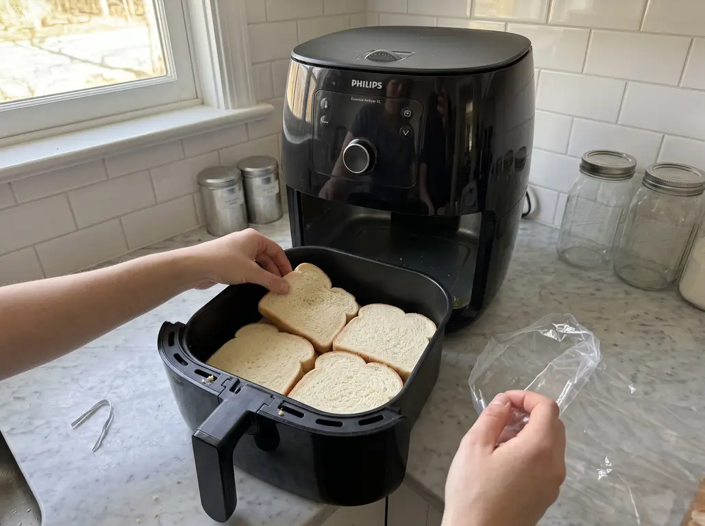 Hands laying slices of white bread in a single layer across an air fryer basket
