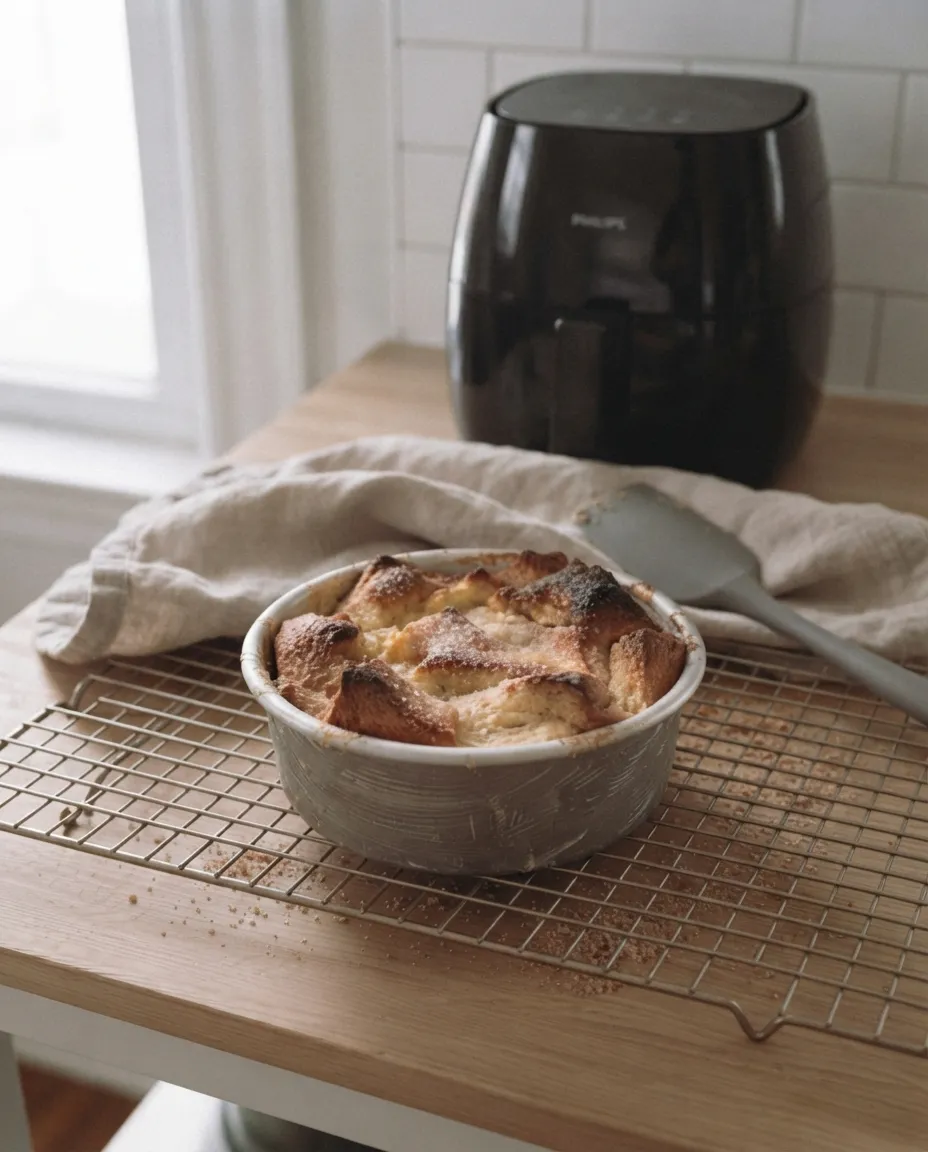 A baked bread pudding in its pan resting on a wire cooling rack