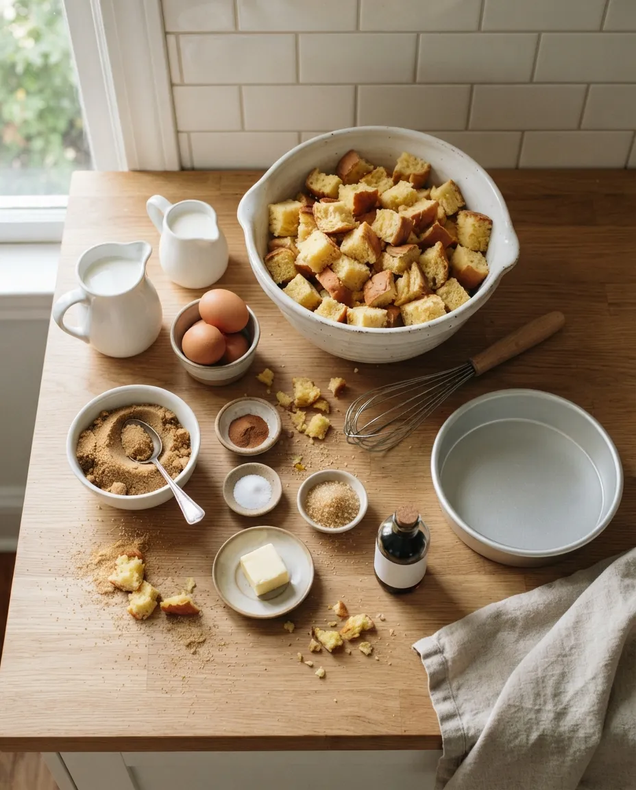 Bread pudding ingredients on a wooden counter: a bowl of bread cubes, eggs, milk, cream, brown sugar, cinnamon, salt, vanilla, butter and a round cake pan