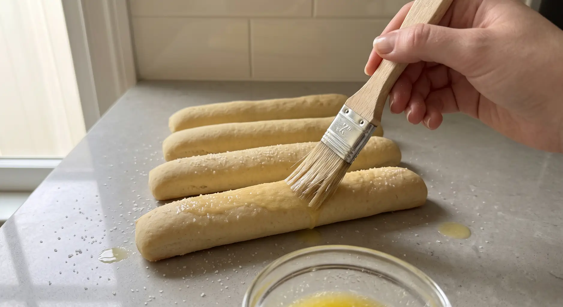 Melted butter being brushed over a stack of warm baked breadsticks