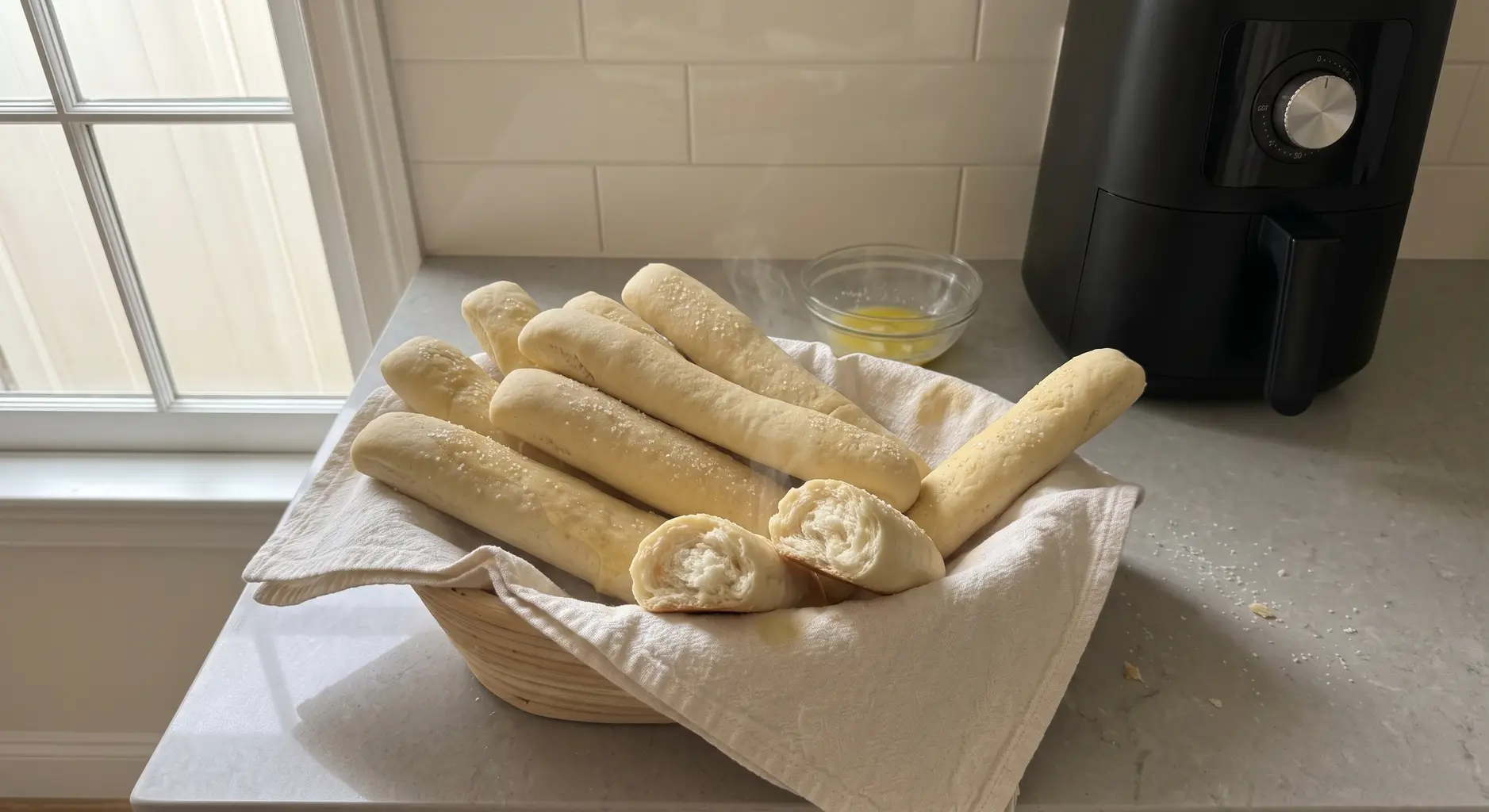 Soft air fryer breadsticks piled in a cloth-lined basket with one torn open to show the crumb