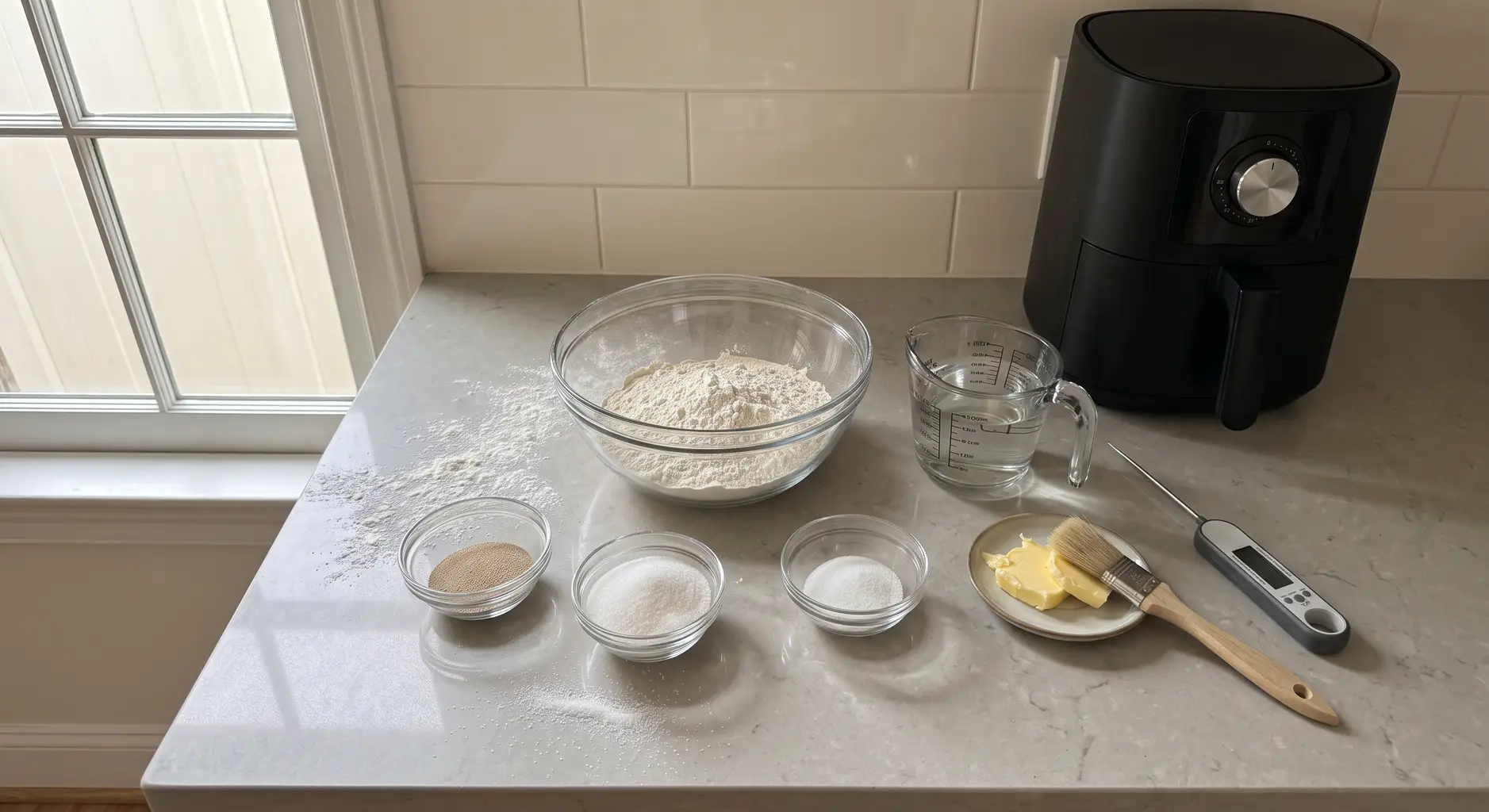 Flour, water, butter, yeast, sugar and salt measured out on a counter beside an air fryer