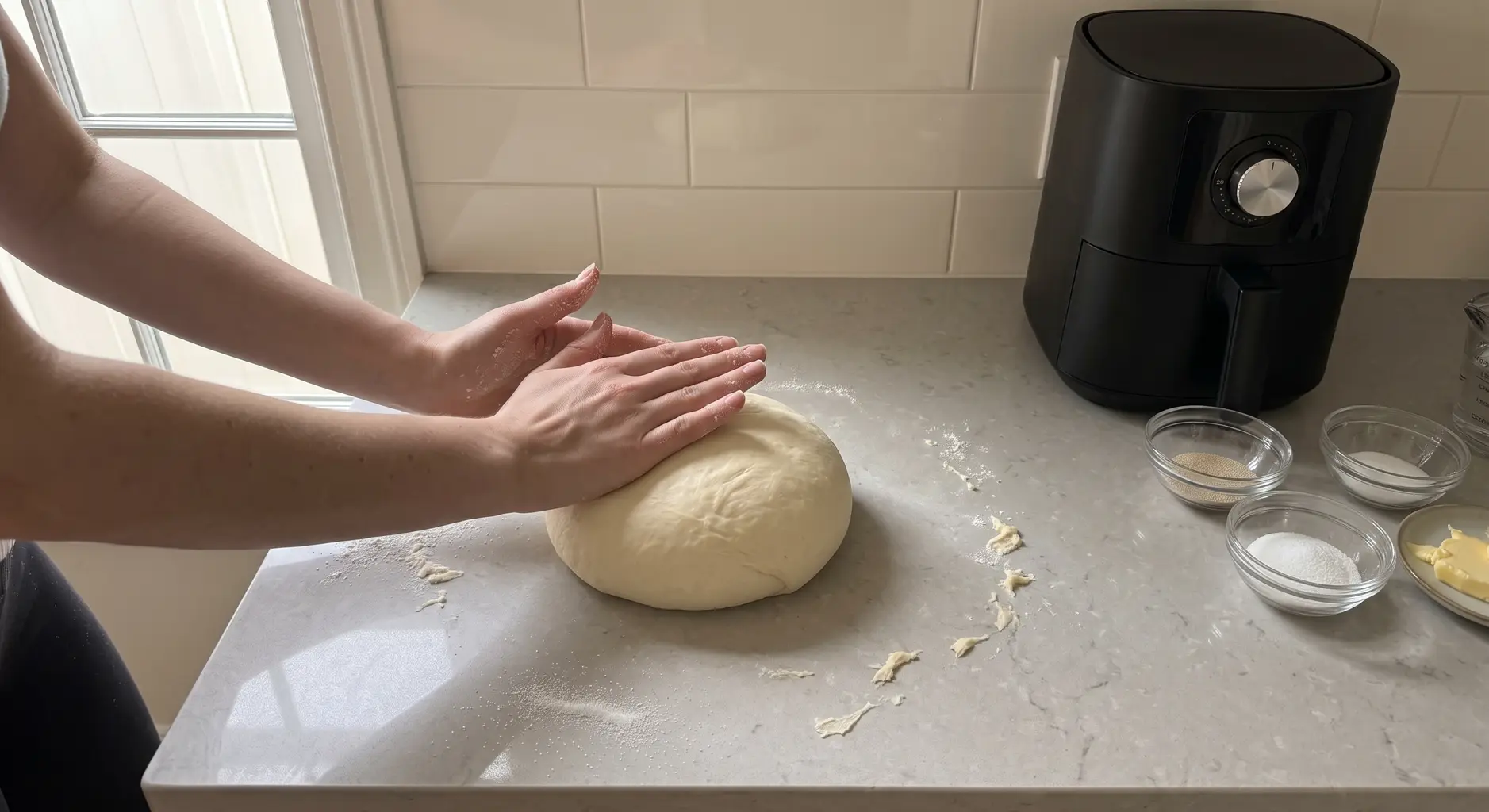 Hands kneading soft breadstick dough on a floured counter