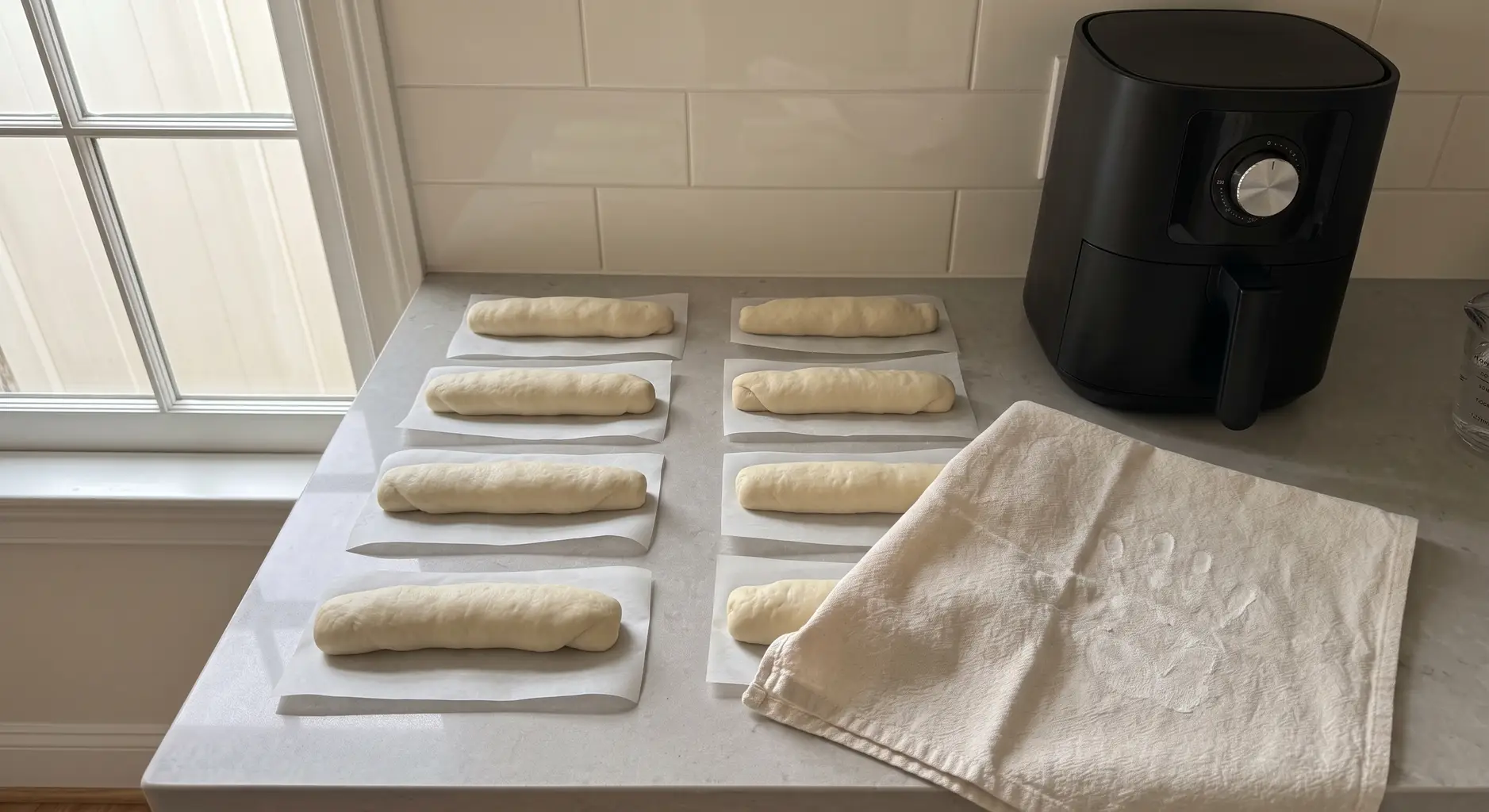 Eight shaped breadstick ropes resting on parchment squares under a towel for their second rise