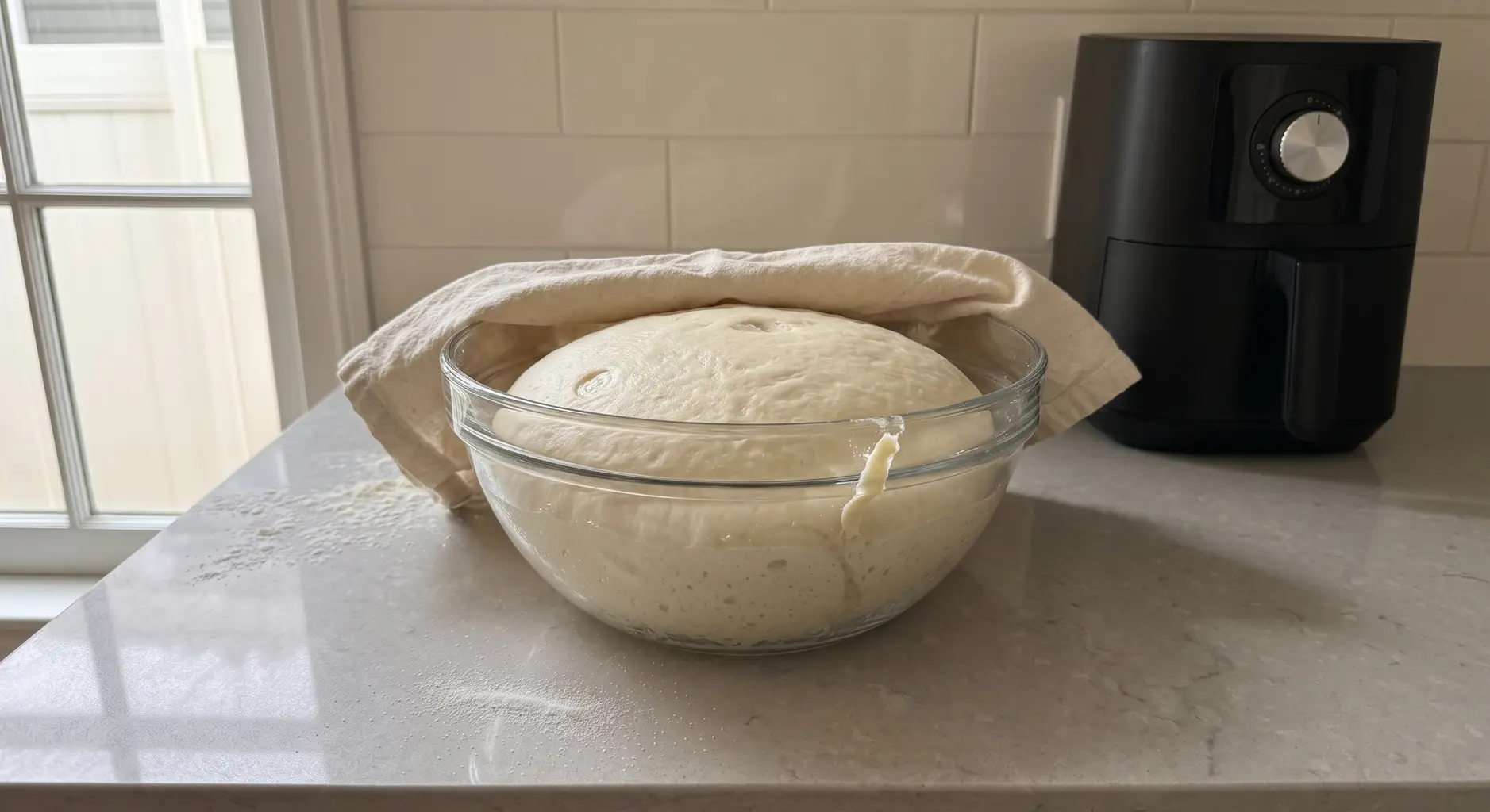 Enriched breadstick dough risen and domed under a cloth in a glass bowl
