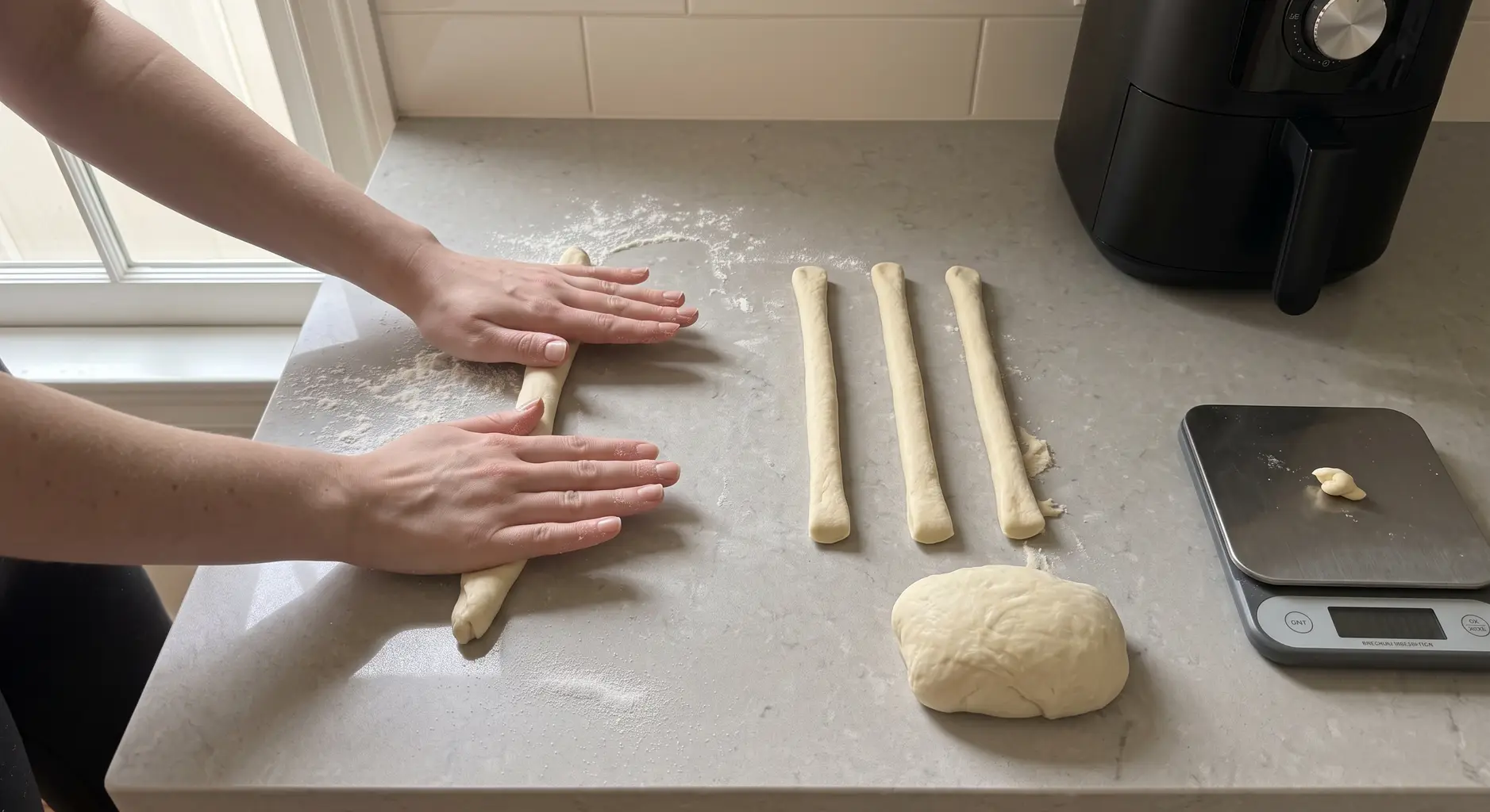 Hands rolling a piece of dough into an even rope beside three finished ropes and a kitchen scale
