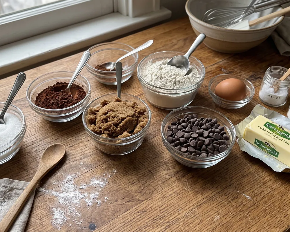 Baking ingredients for air fryer brookies in glass bowls on a wooden counter: cocoa, brown sugar, flour, chocolate chips, an egg, salt and butter