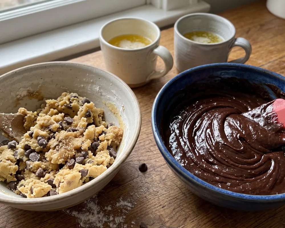 A bowl of chocolate chip cookie dough beside a bowl of glossy brownie batter, with two mugs of melted butter behind them