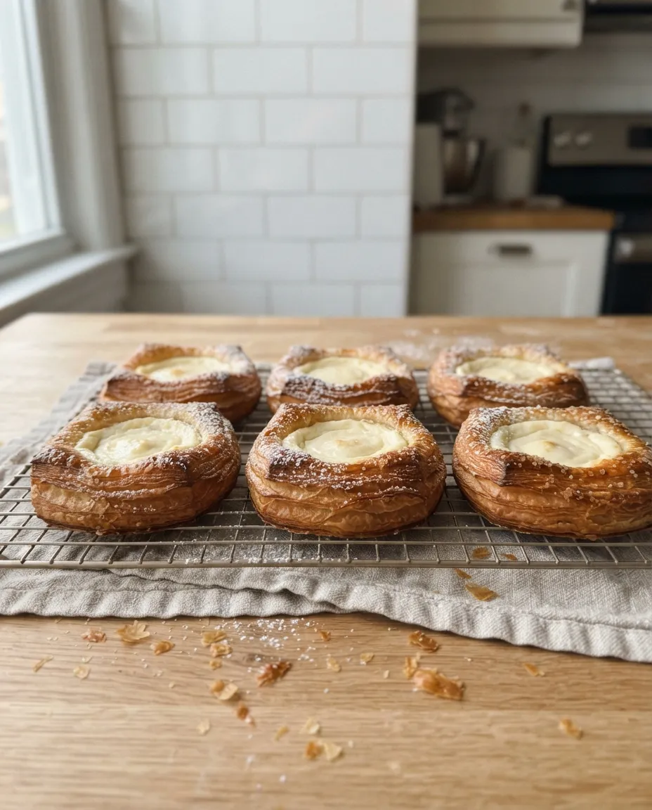 Six air fryer cheese danishes with tall flaky frames and creamy centers, dusted with powdered sugar on a cooling rack