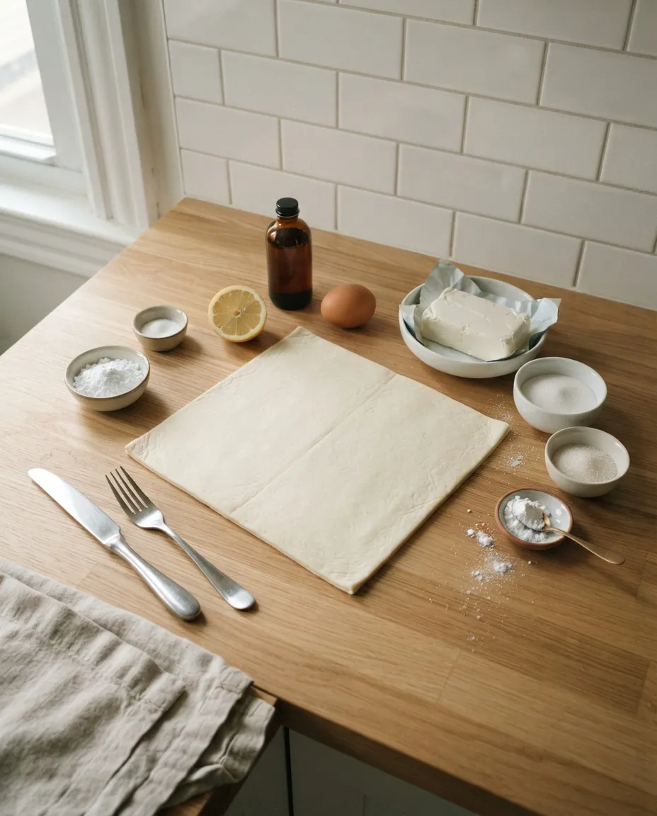 Cheese danish ingredients: a sheet of puff pastry, a brick of cream cheese, an egg, lemon, vanilla, sugar, cornstarch and salt