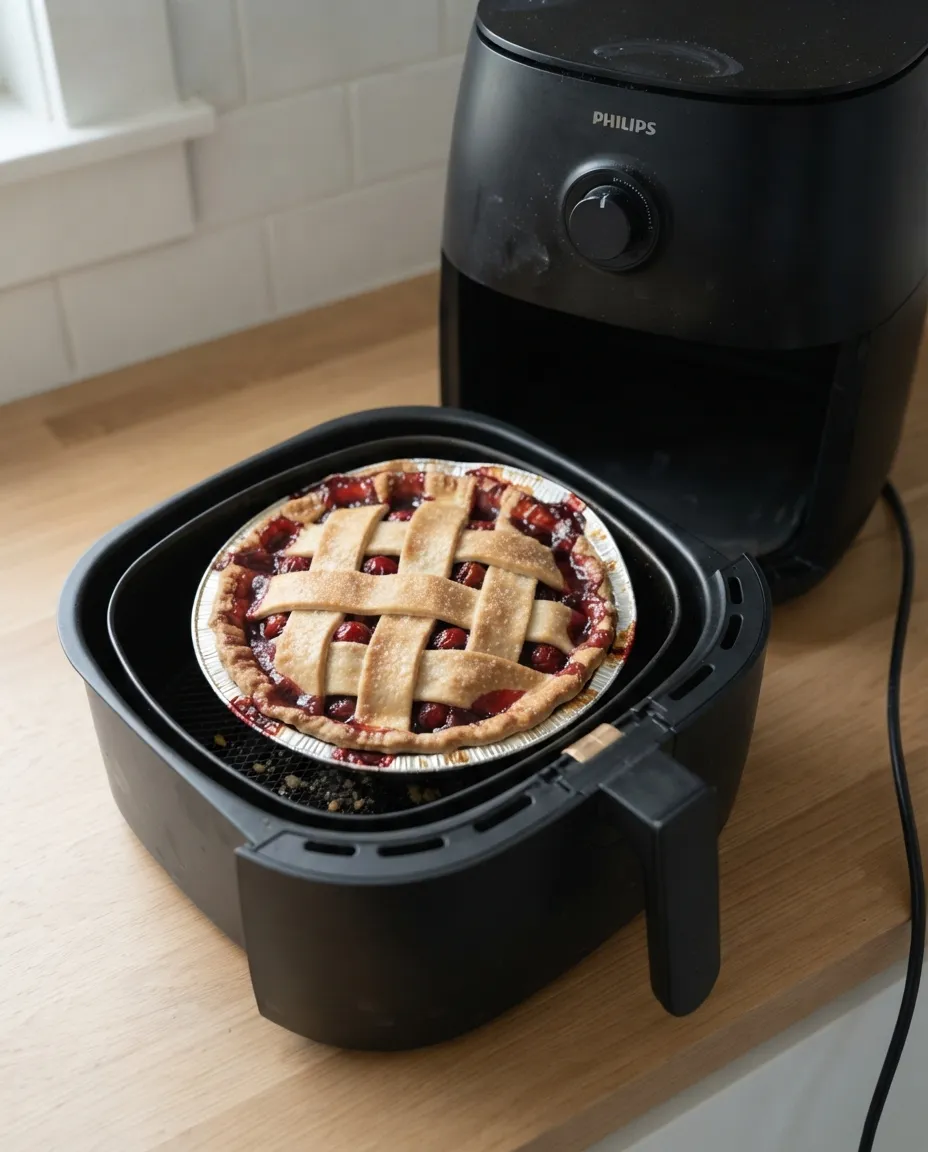 A golden baked lattice cherry pie resting in the basket of a Philips air fryer, filling bubbling in the lattice gaps
