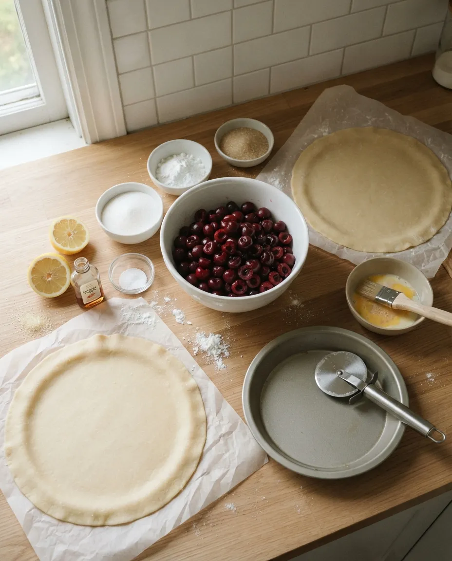 Cherry pie ingredients on a wood counter: two rolled crusts, a bowl of pitted cherries, sugar, cornstarch, brown sugar, lemon, vanilla, salt, an egg wash with brush, a metal pie pan and a pastry wheel