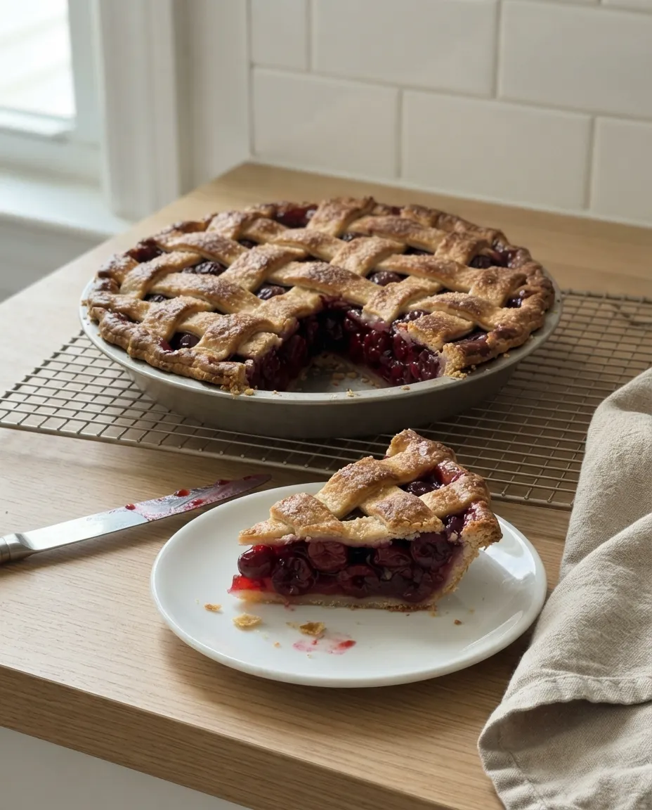 A lattice-topped air fryer cherry pie on a cooling rack with one slice cut and plated, the glossy cherry filling holding its shape