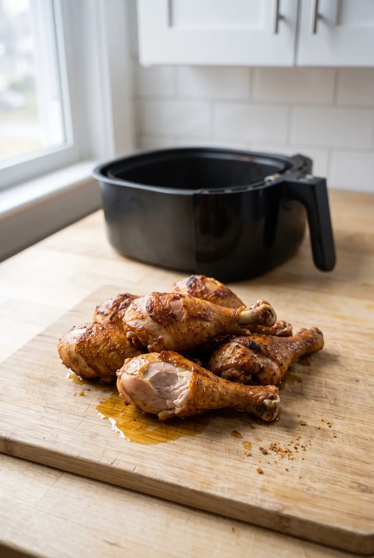 A plate of air fryer chicken drumsticks with deeply browned crispy skin
