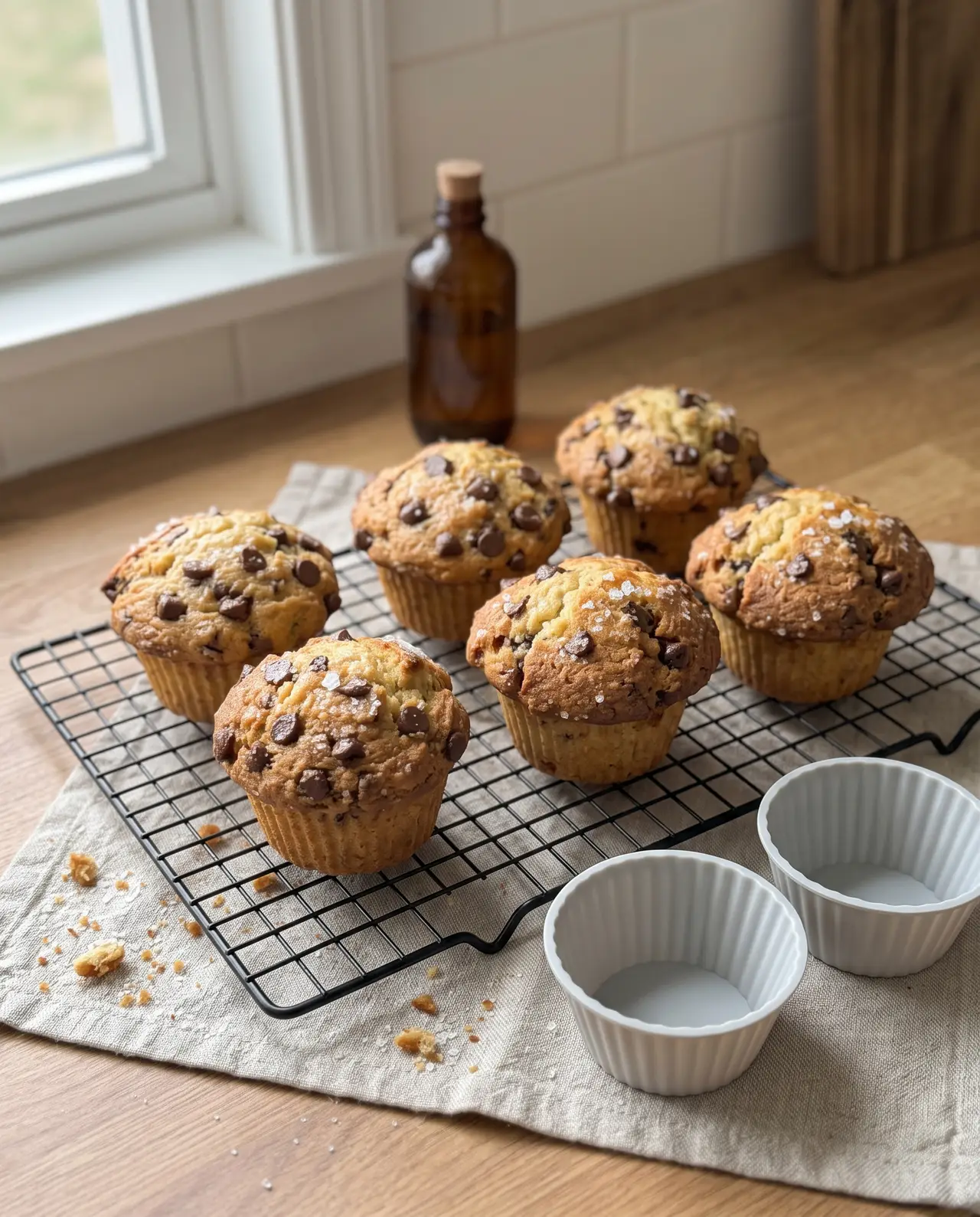 Six domed air fryer chocolate chip muffins cooling on a wire rack, tops crusted with coarse sugar and flaky salt
