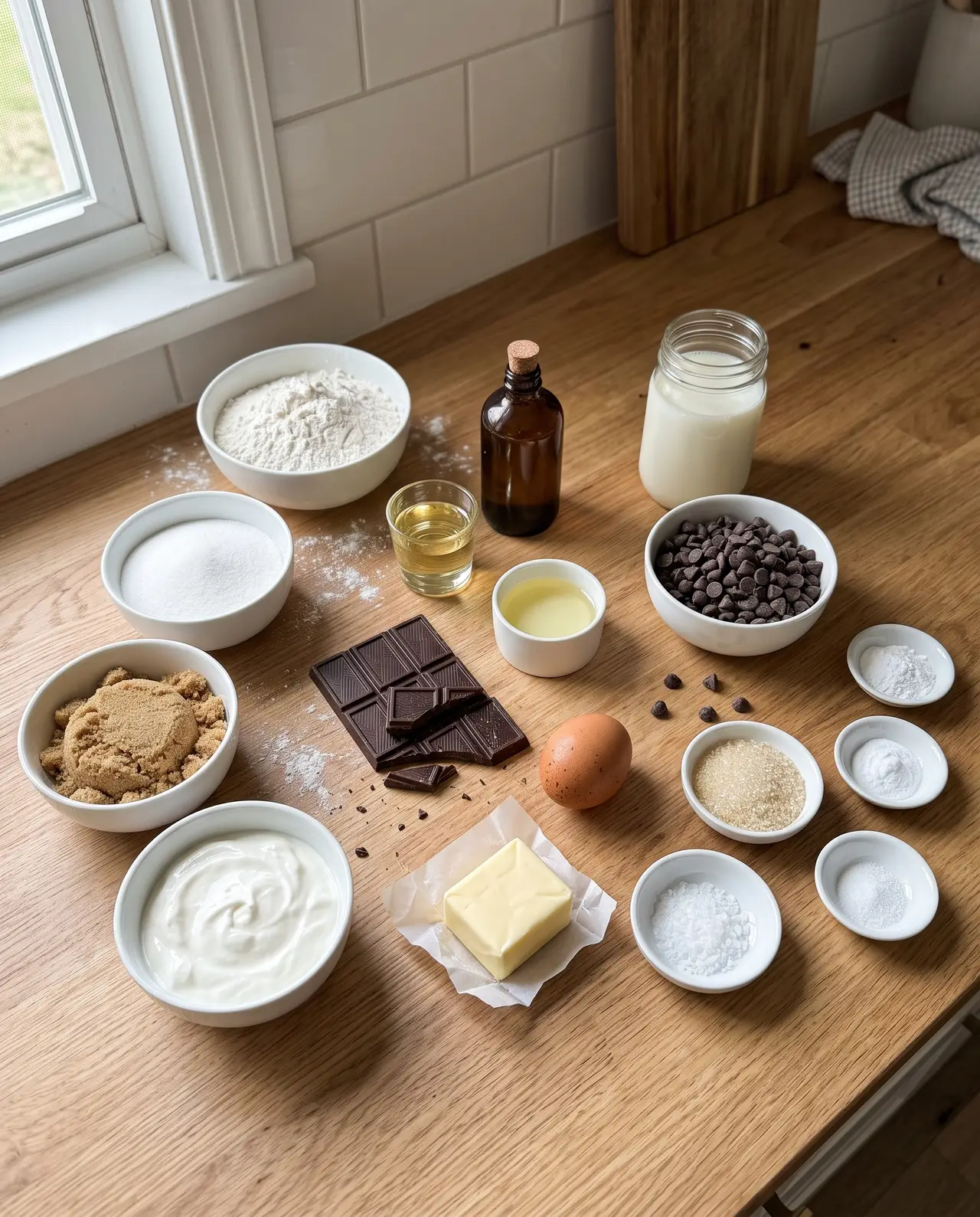 Flour, both sugars, sour cream, milk, egg, butter, oil, chocolate chips and a chopped dark chocolate bar laid out on a counter