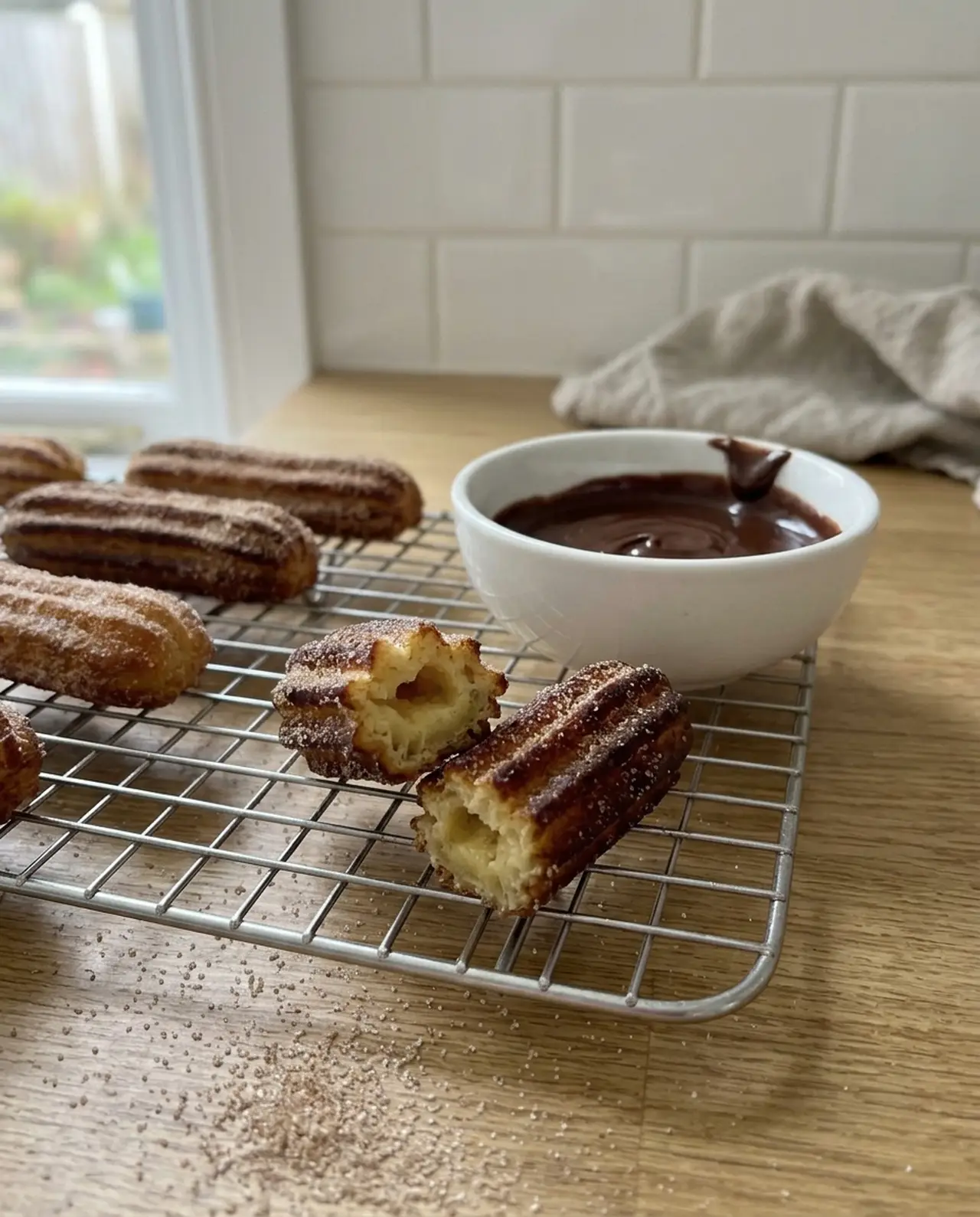Cinnamon sugar air fryer churros on a cooling rack, two broken open to show the hollow airy interior, beside a bowl of thick dark chocolate dip