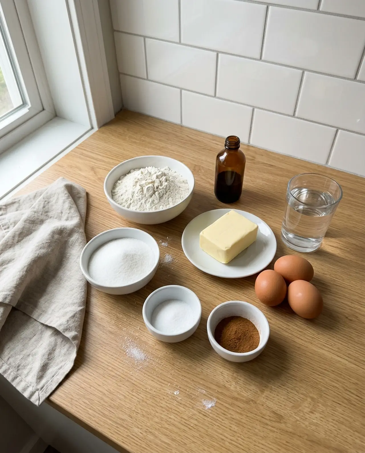 Churro ingredients arranged on a wooden counter: a bowl of flour, sugar, salt, ground cinnamon, butter, three eggs, vanilla and a glass of water